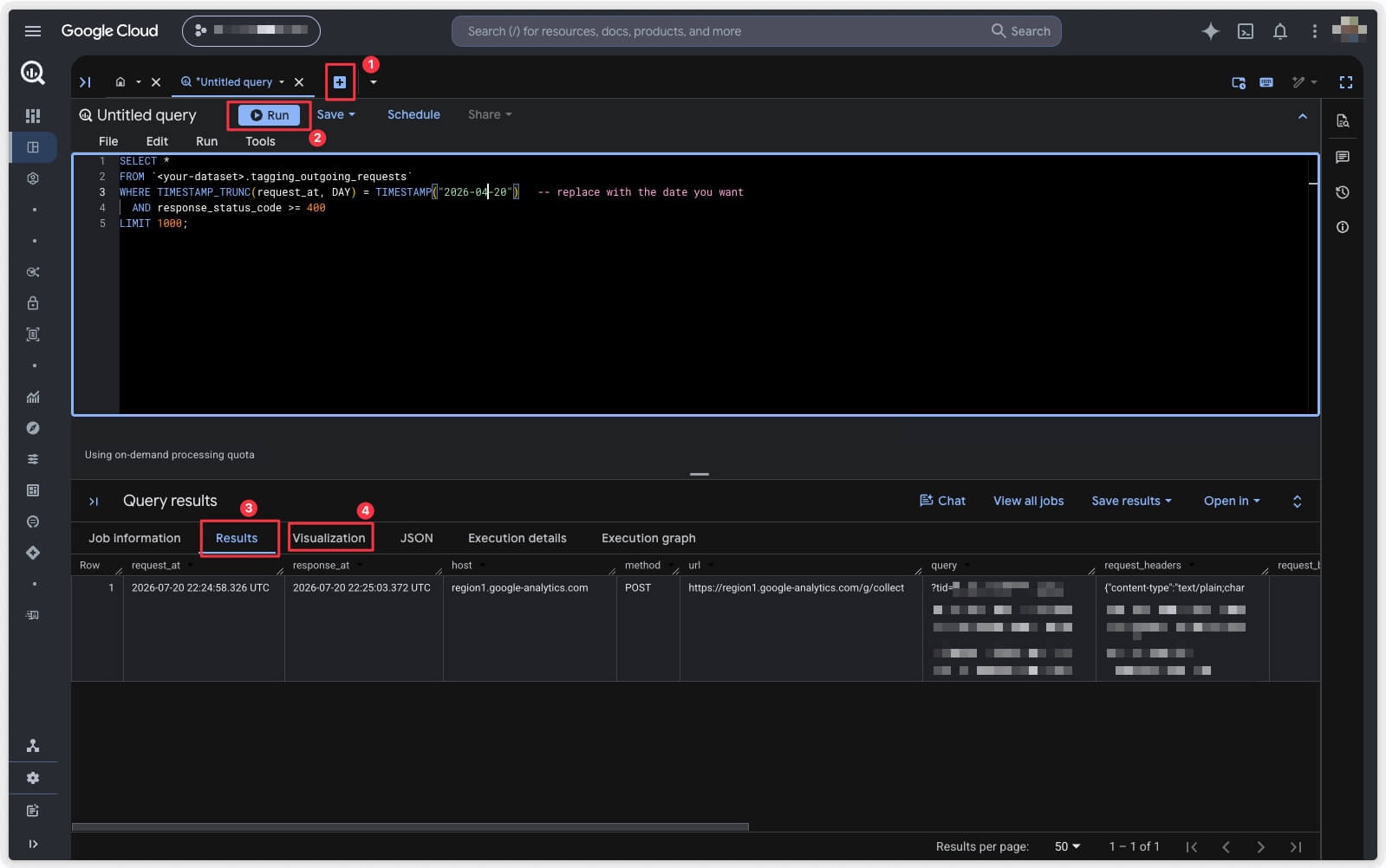 The BigQuery query editor with the new-query button, Run button, and the Results and Visualization tabs highlighted