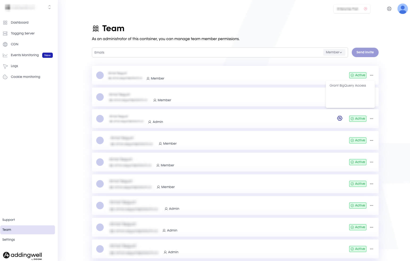 Team tab in Addingwell with the list of users on the container and the Grant BigQuery Access option