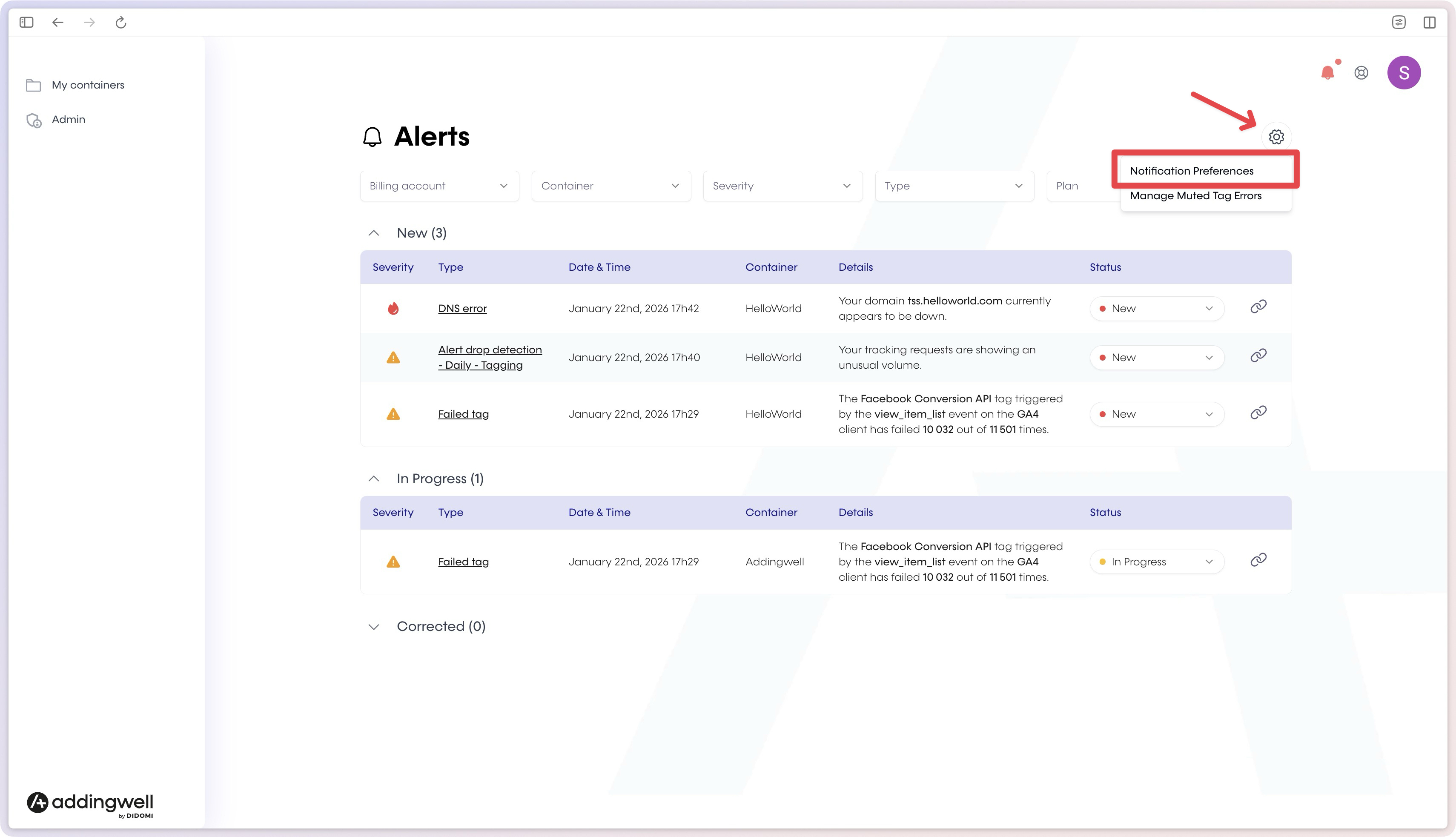 Notification preferences page