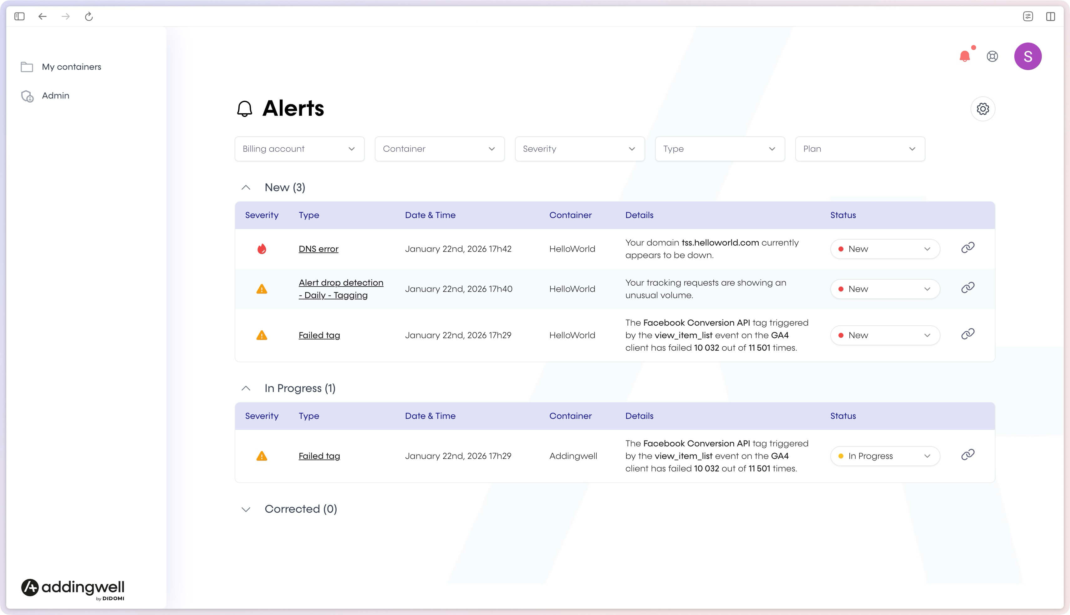 Addingwell alert center