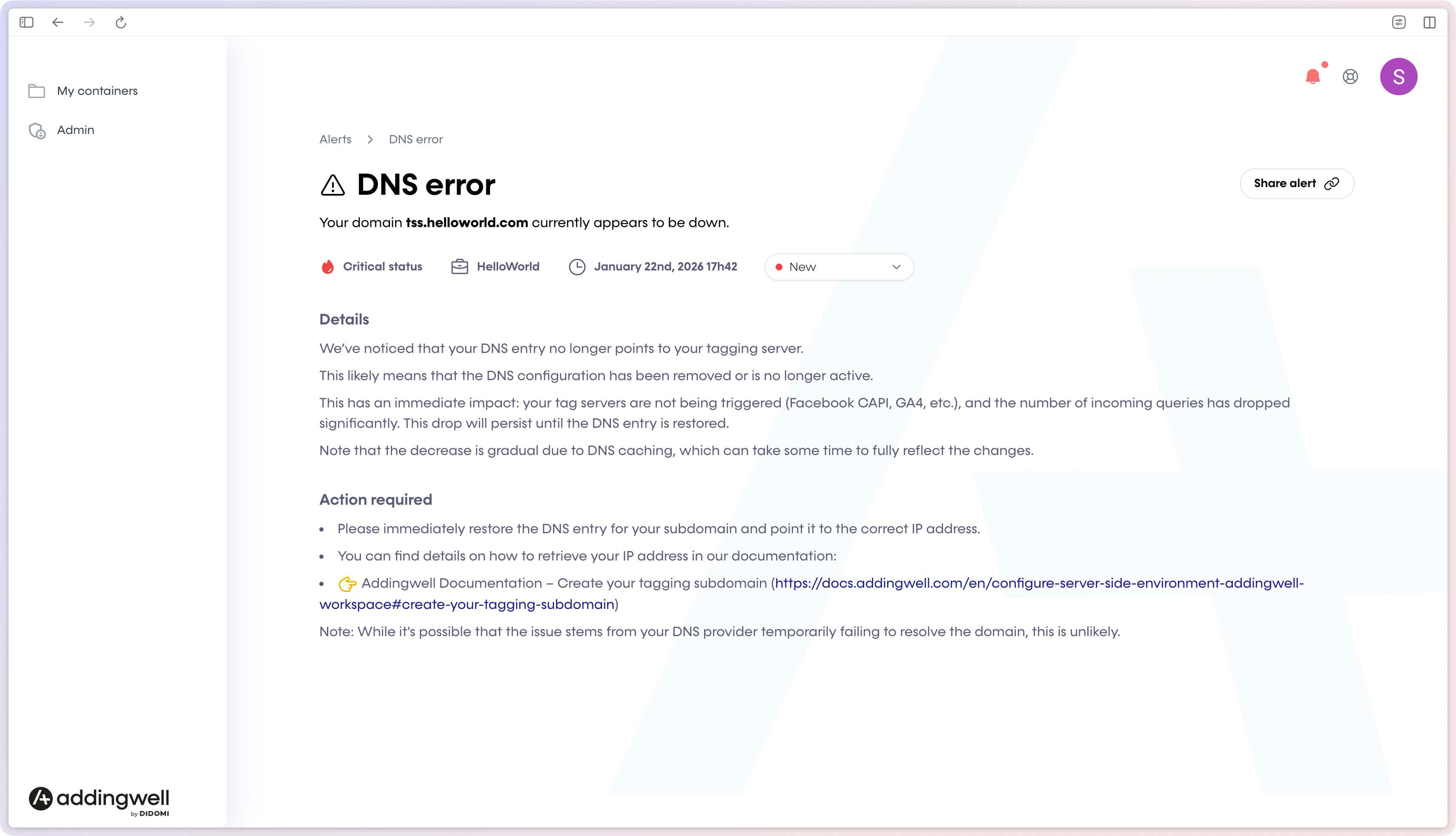 Details of a 'DNS error' alert