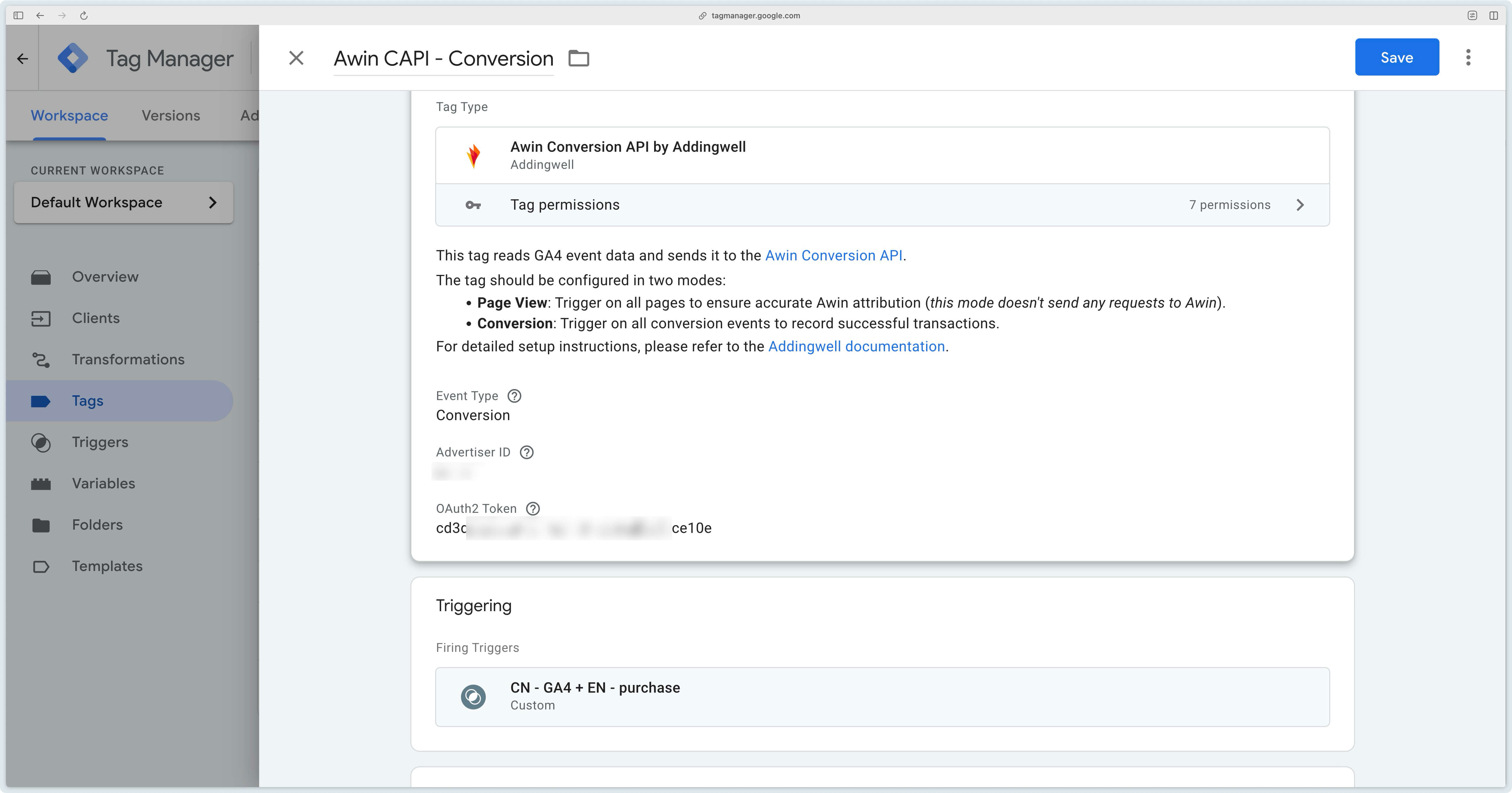 Configure Awin CAPI to track conversions