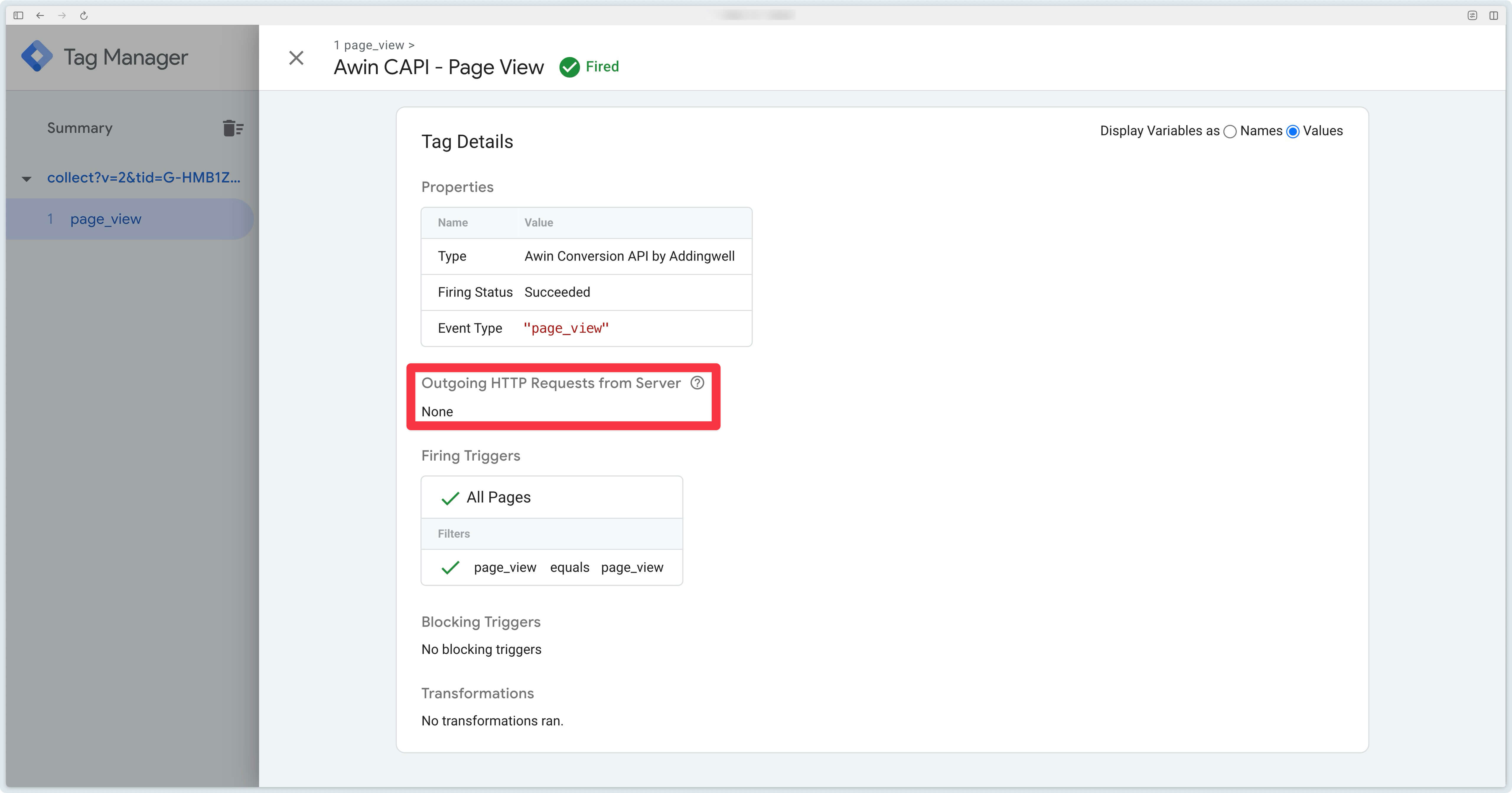 Detailed preview of Awin CAPI triggering on sGTM