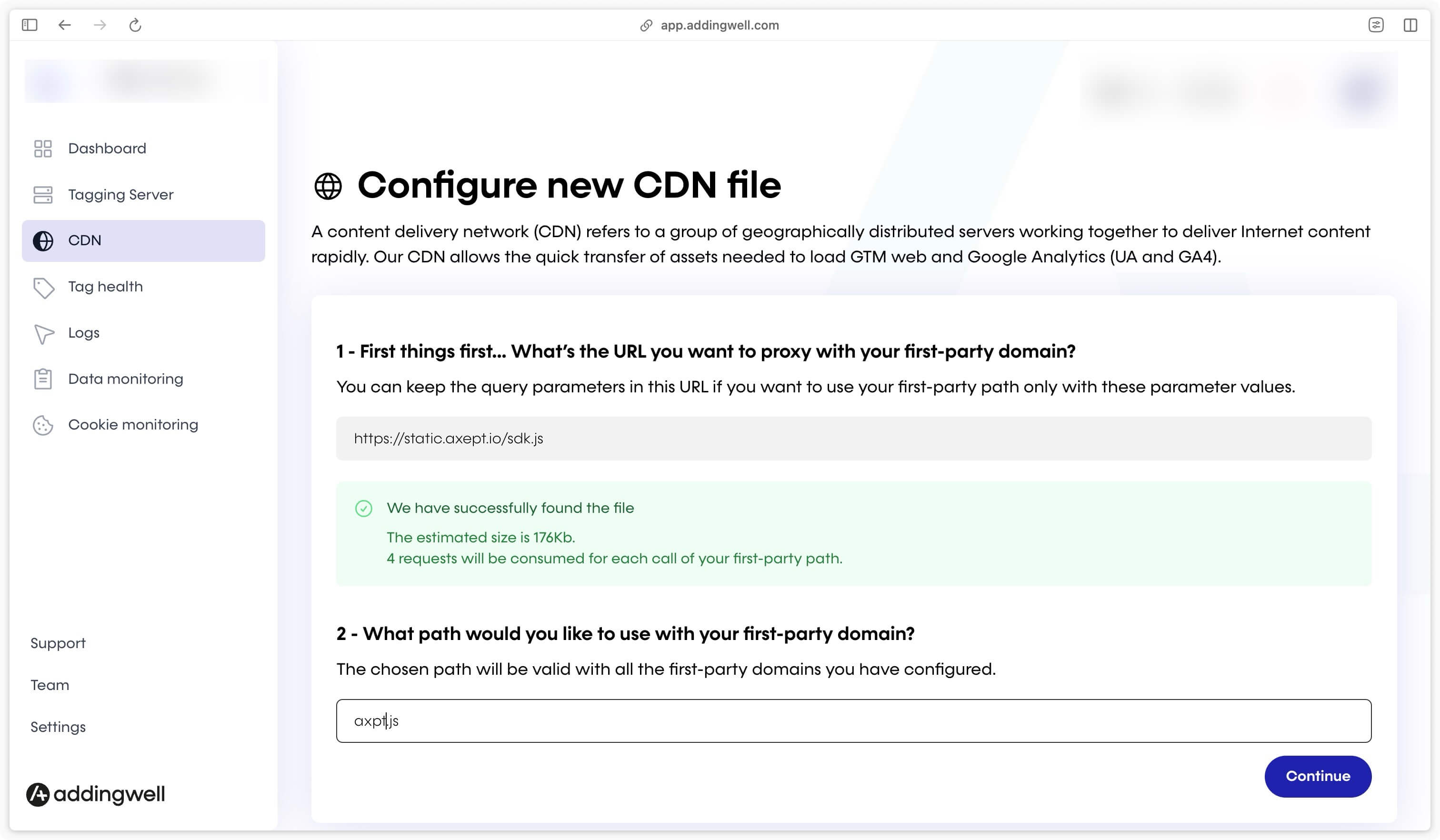 Step 2: adding the path to the Addingwell CDN