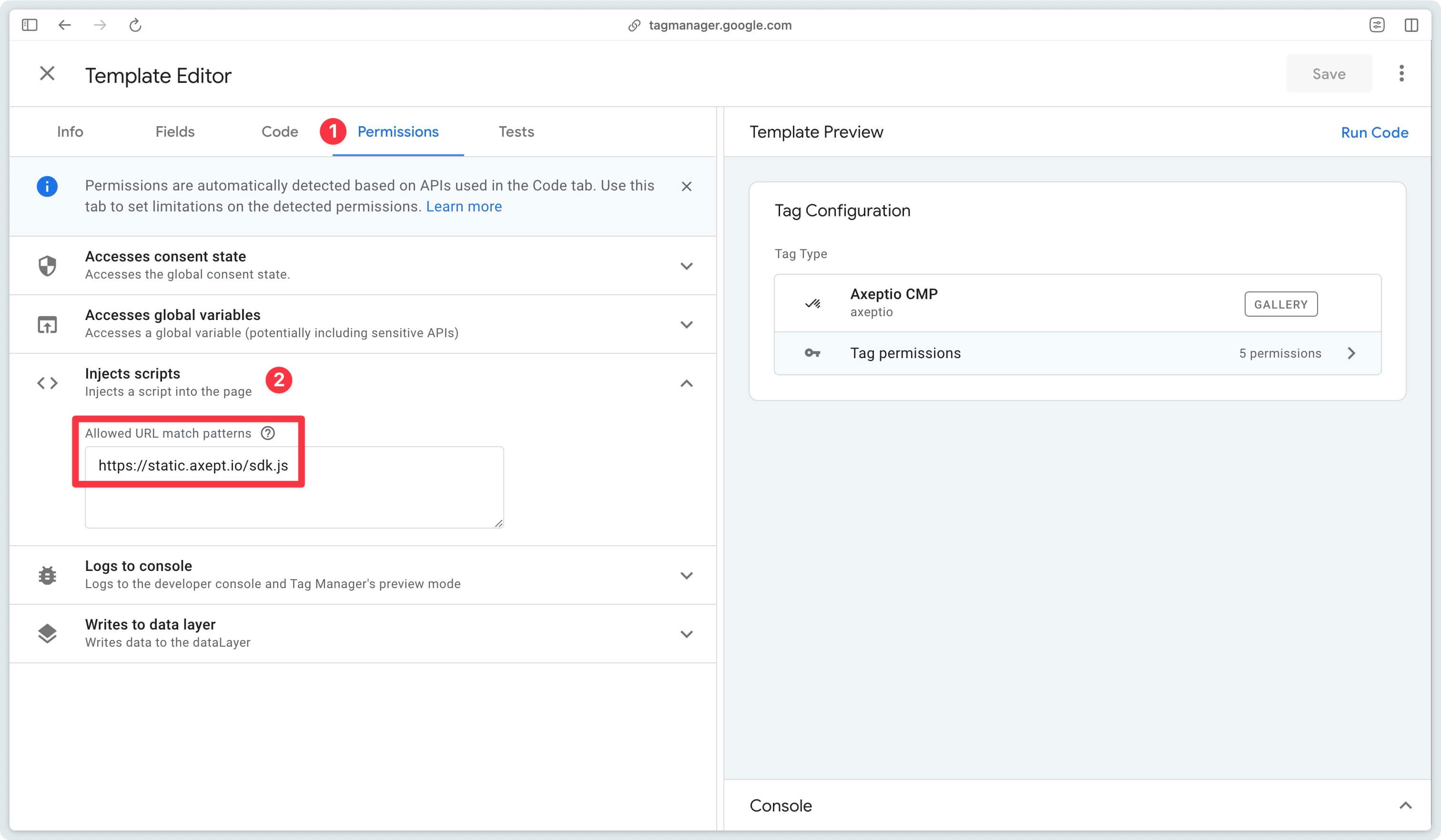 Modification of Axeptio CMP template permissions