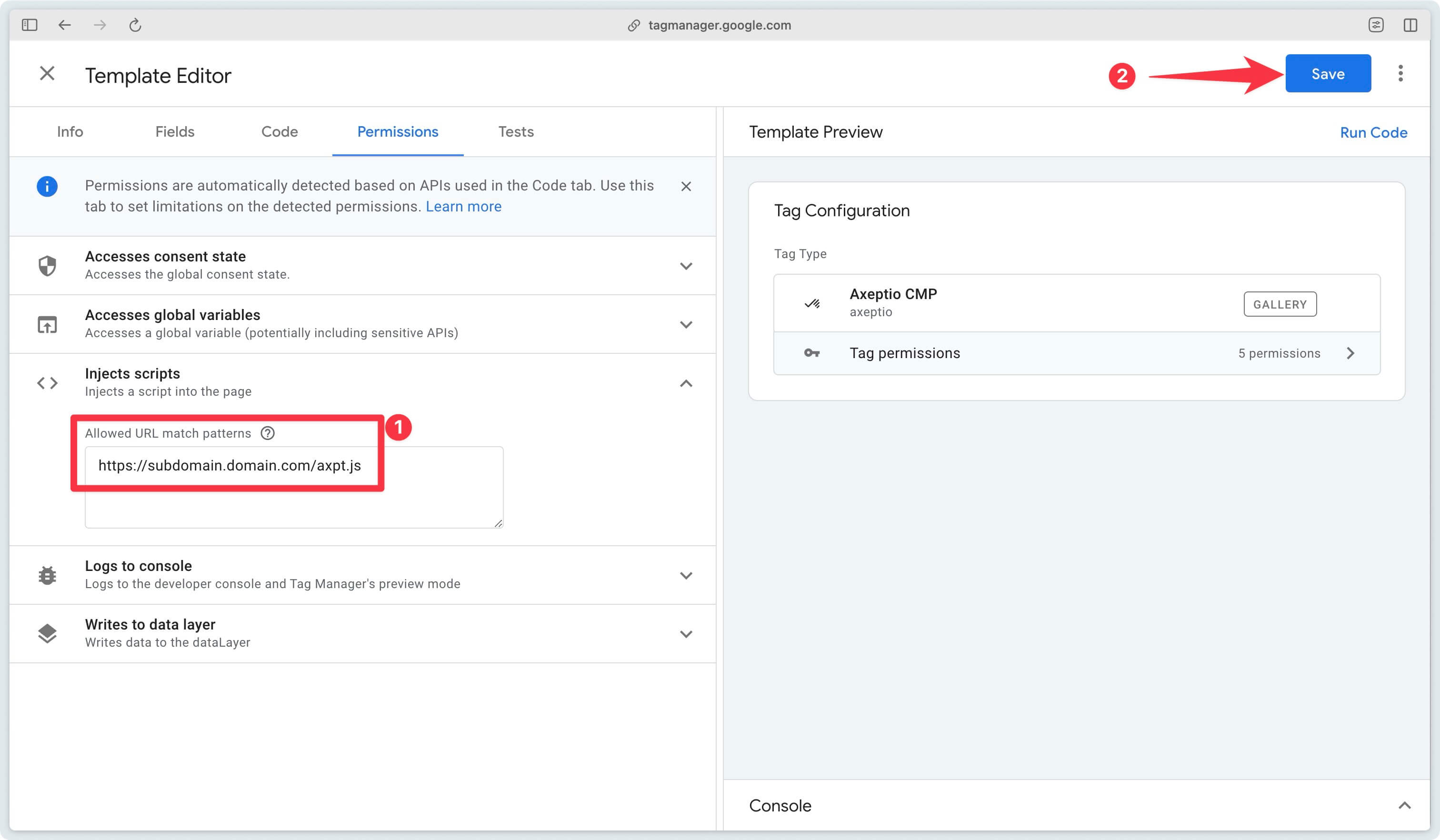 Loading URL replacement in Axeptio CMP tag