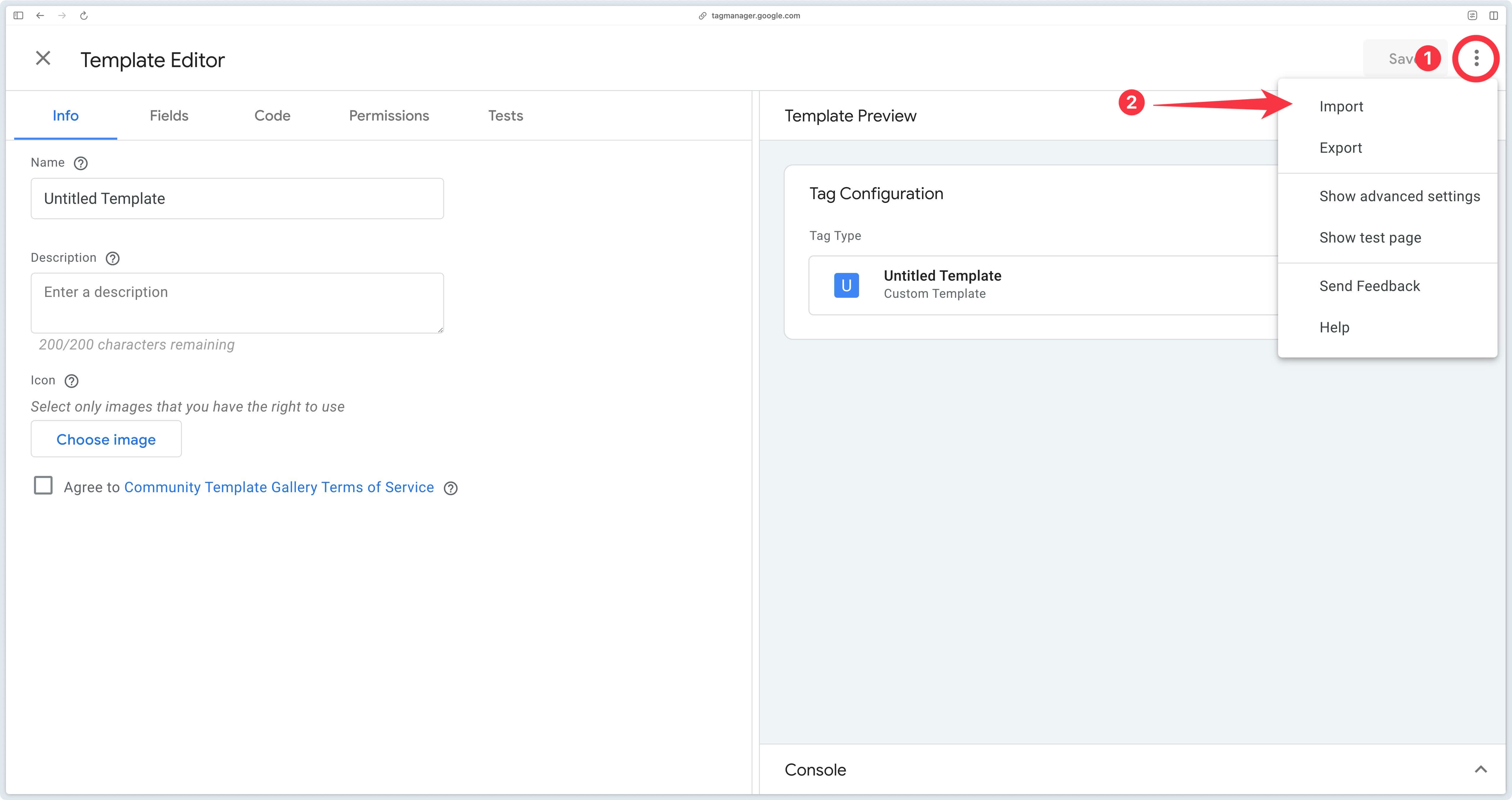 Button for importing a tag template into GTM Server