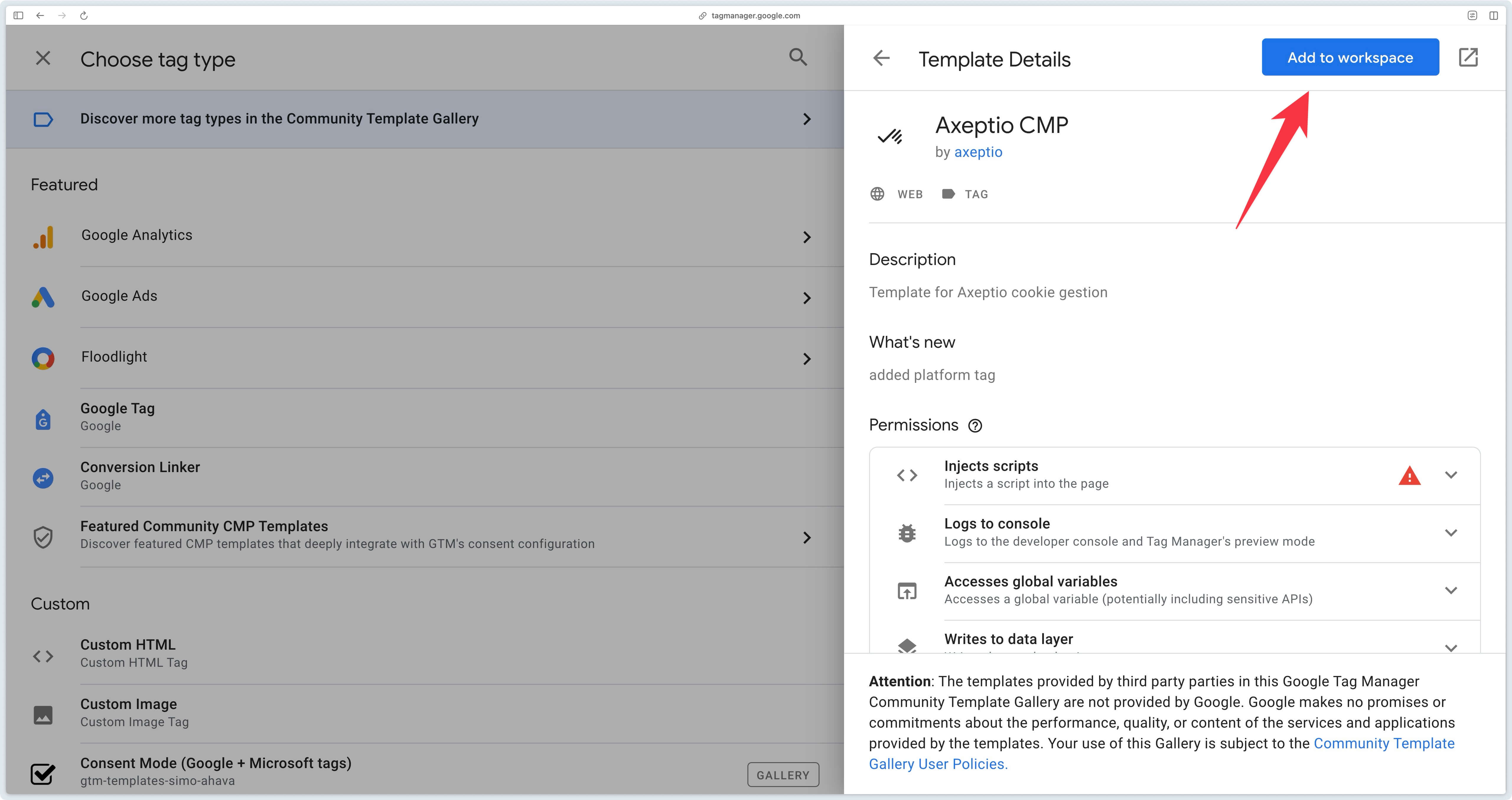 Add Axeptio CMP tag to GTM Web workspace