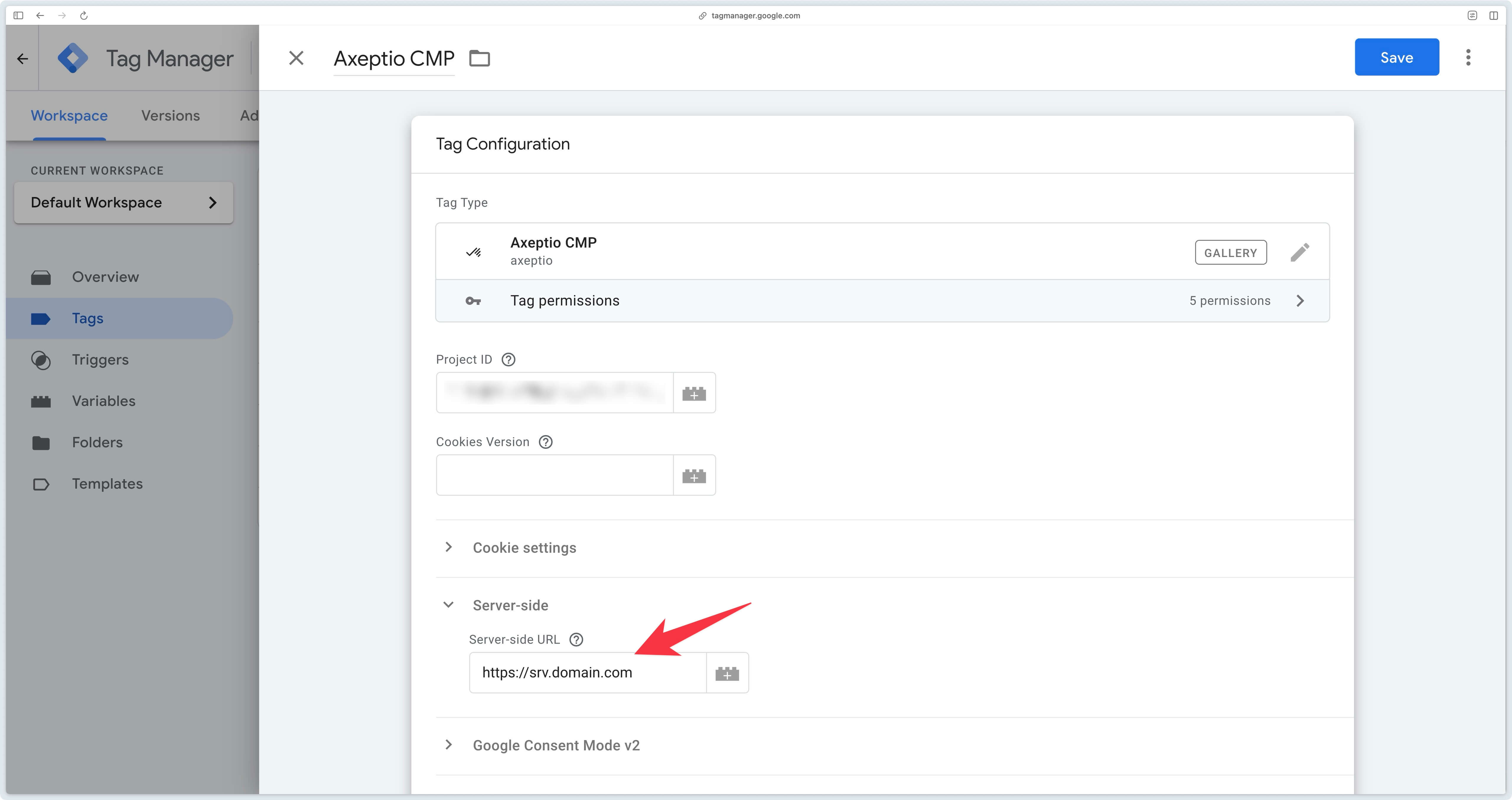 Filling the Serve-Side field of the Axeptio CMP tag