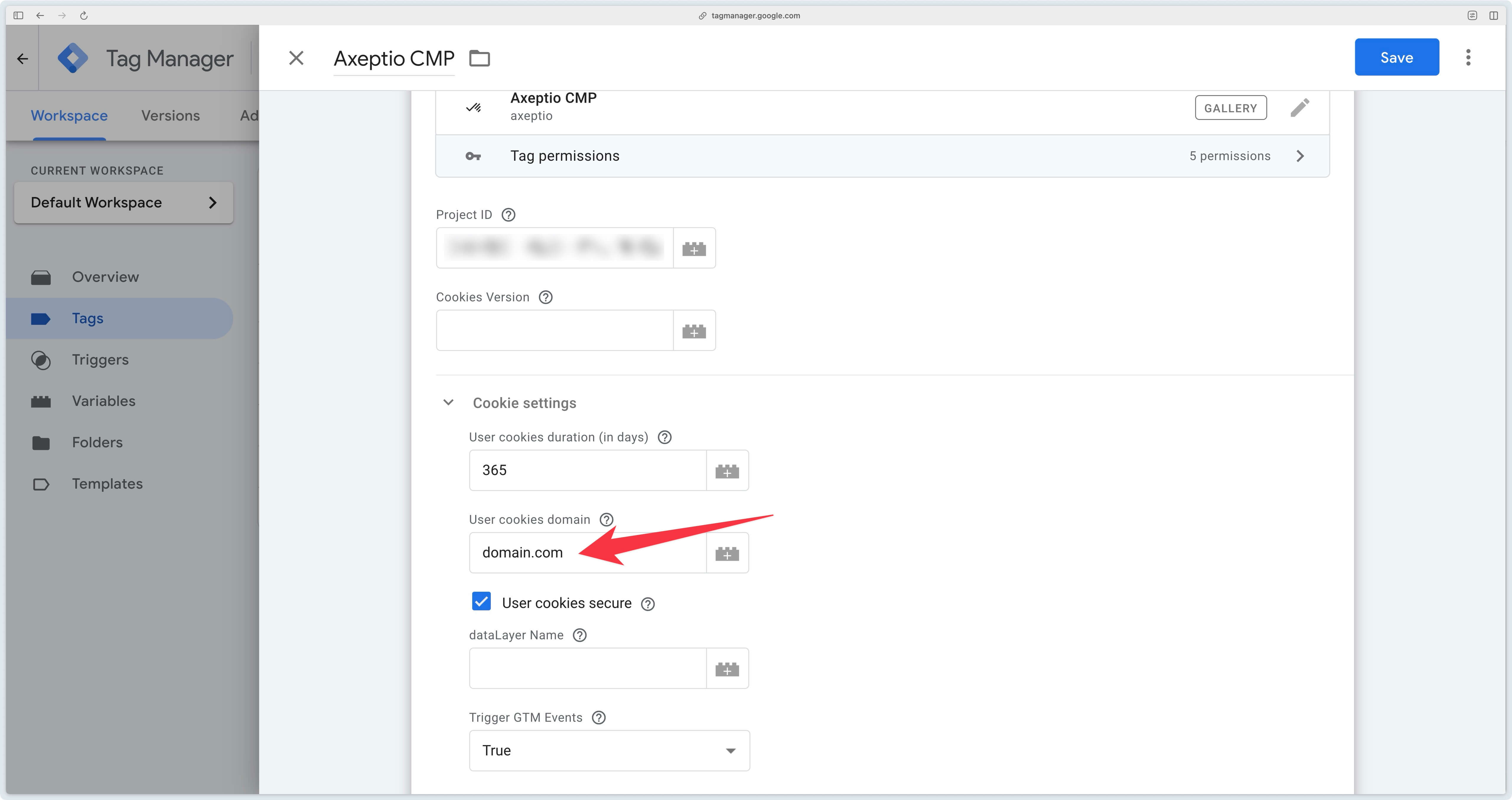 Filling the userCookiesDomain in the Axeptio CMP tag