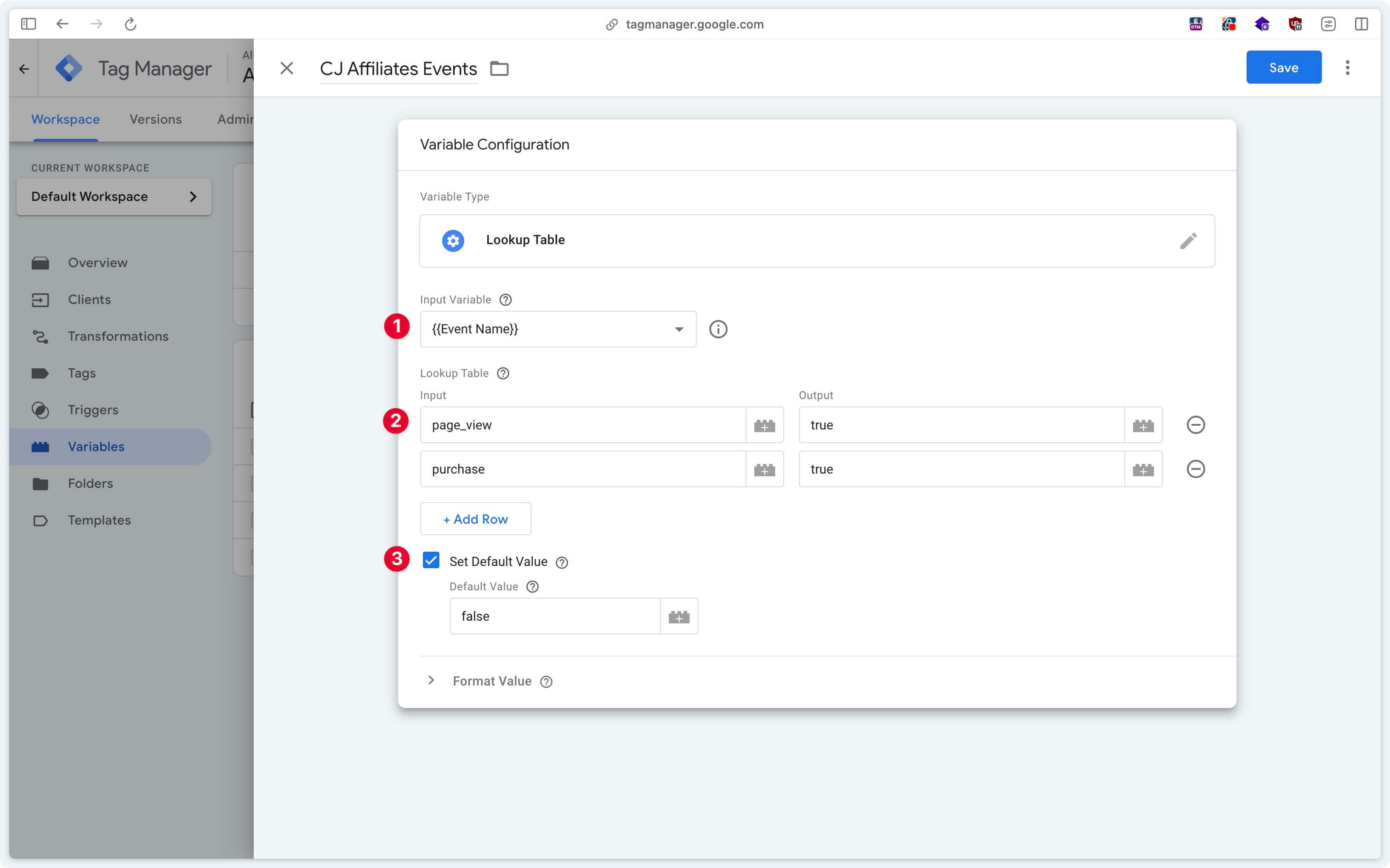 Variable Lookup Table des événements CJ Affiliate