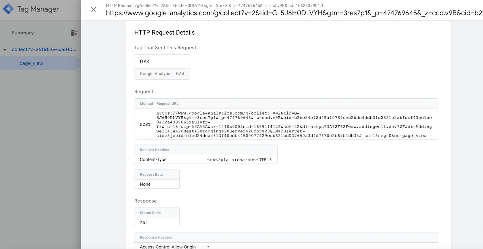 Preview of Outgoing HTTP Request from sGTM to GA4