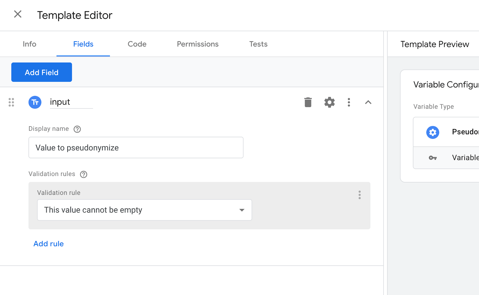 Configuration des champs dans le modèle de variable