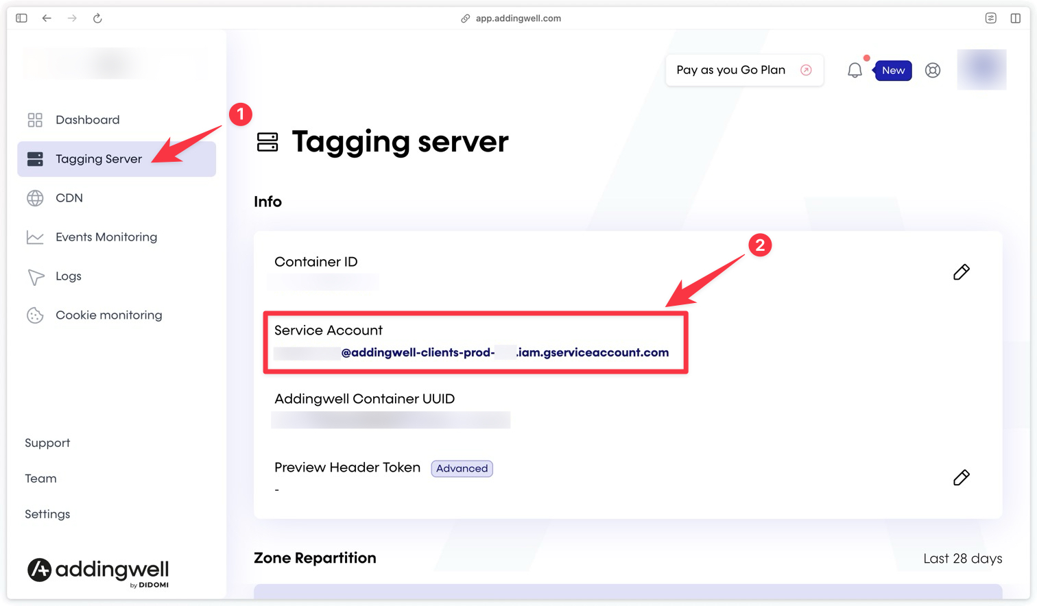 Copying the service account in Addingwell