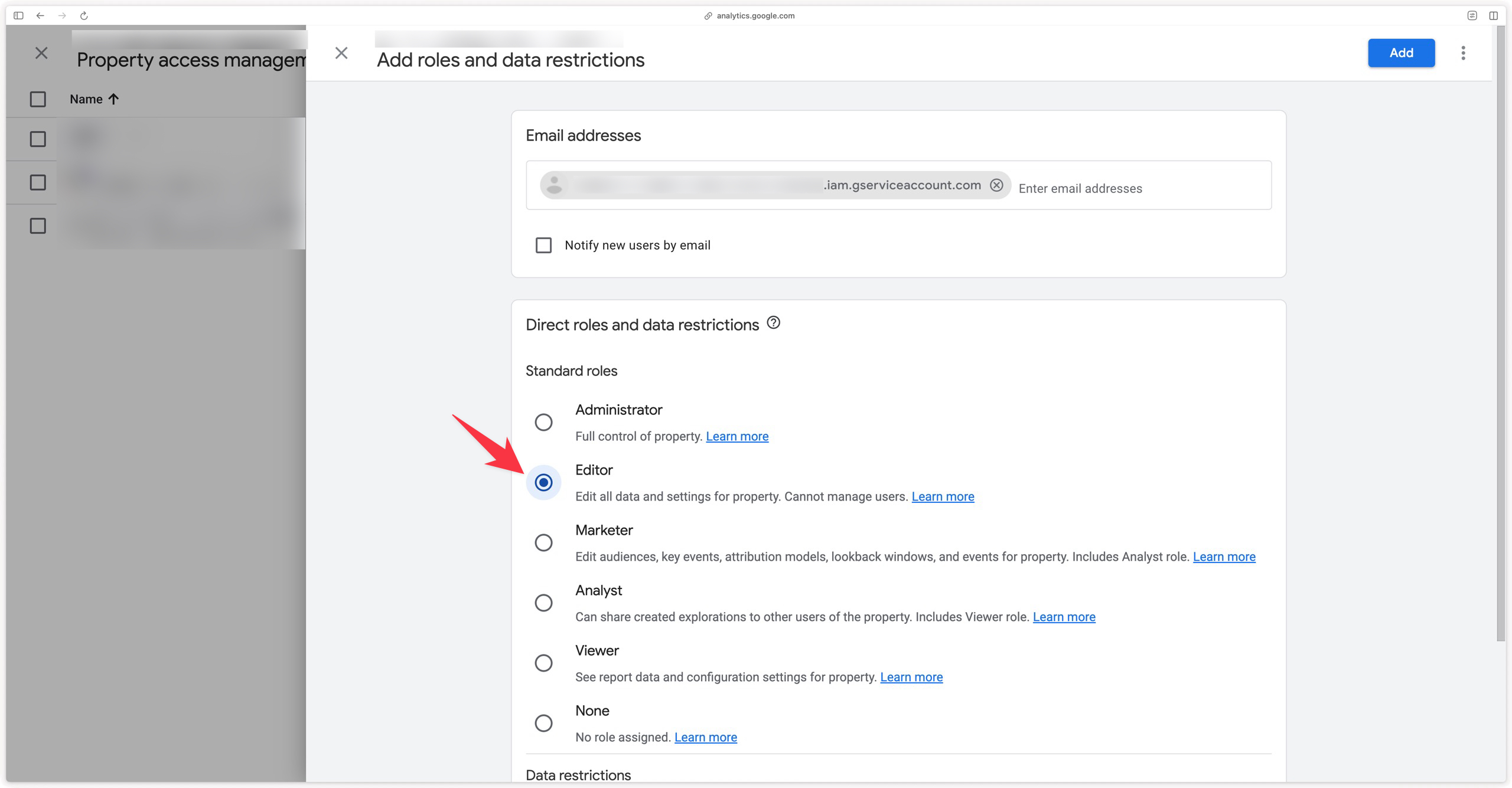 Adding the service account in Google Analytics 4