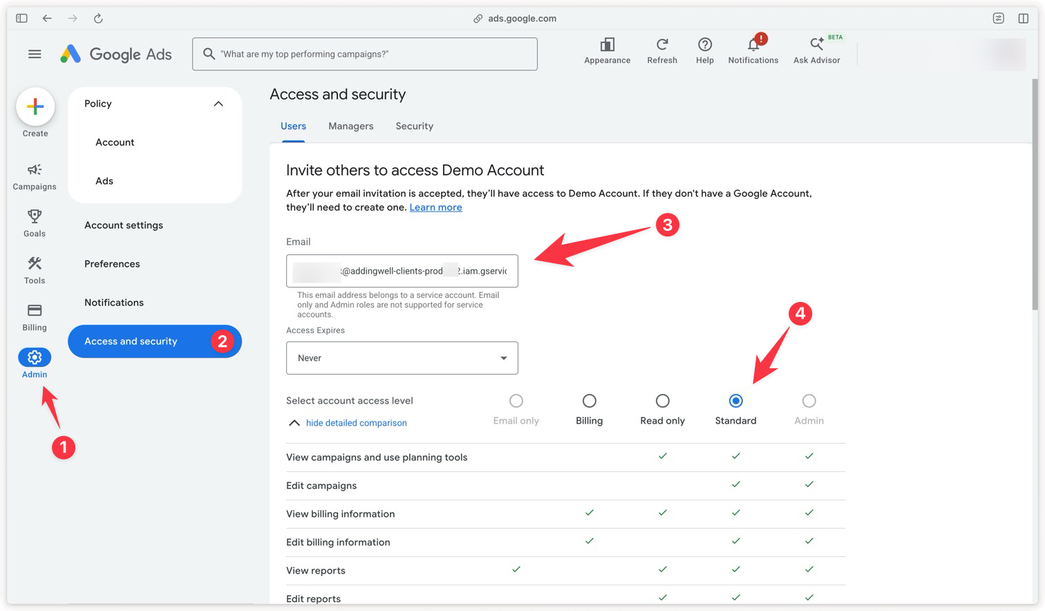 Adding the service account in Google Ads