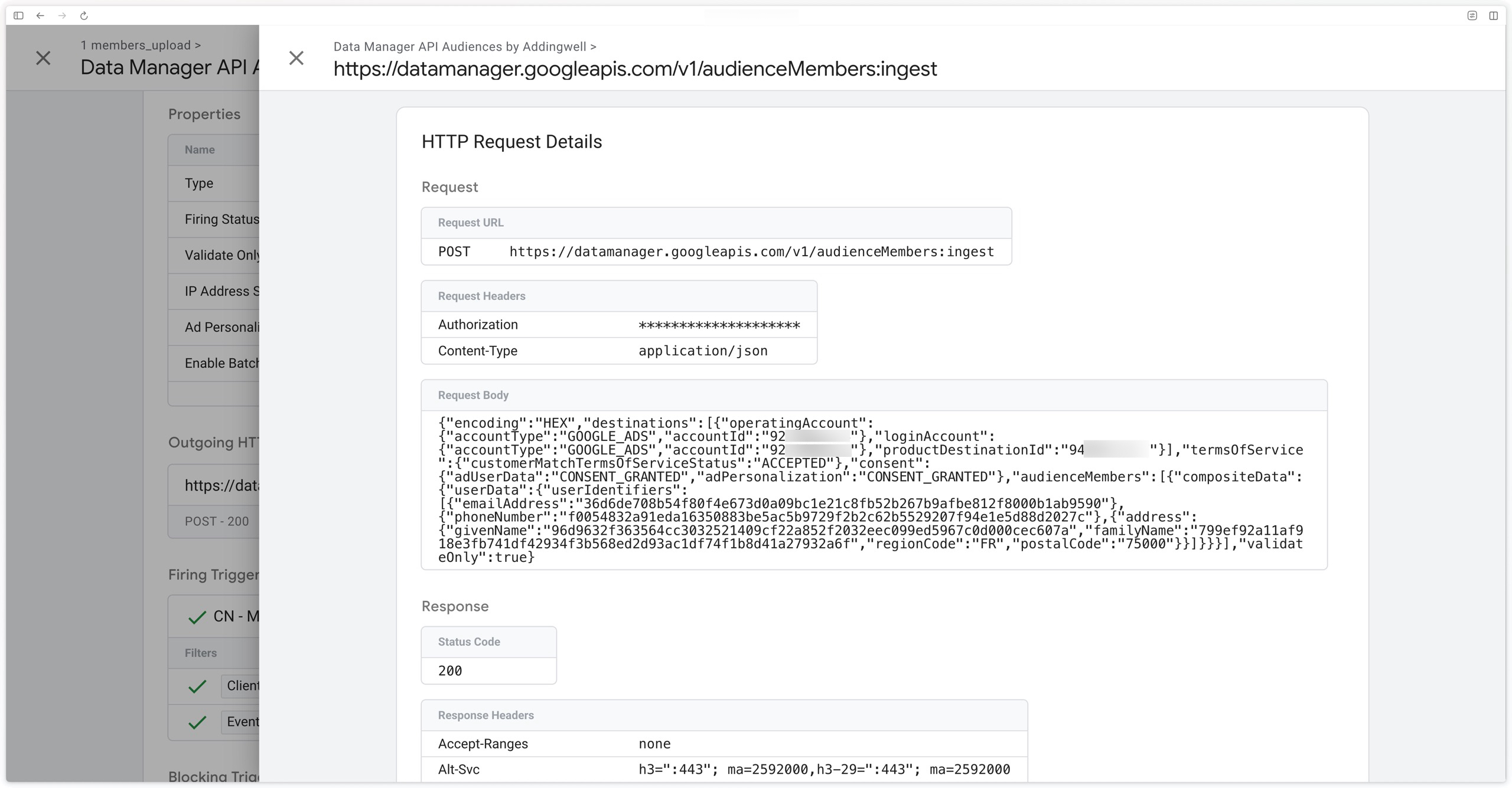Payload of the request sent to Data Manager API in the GTM Server preview