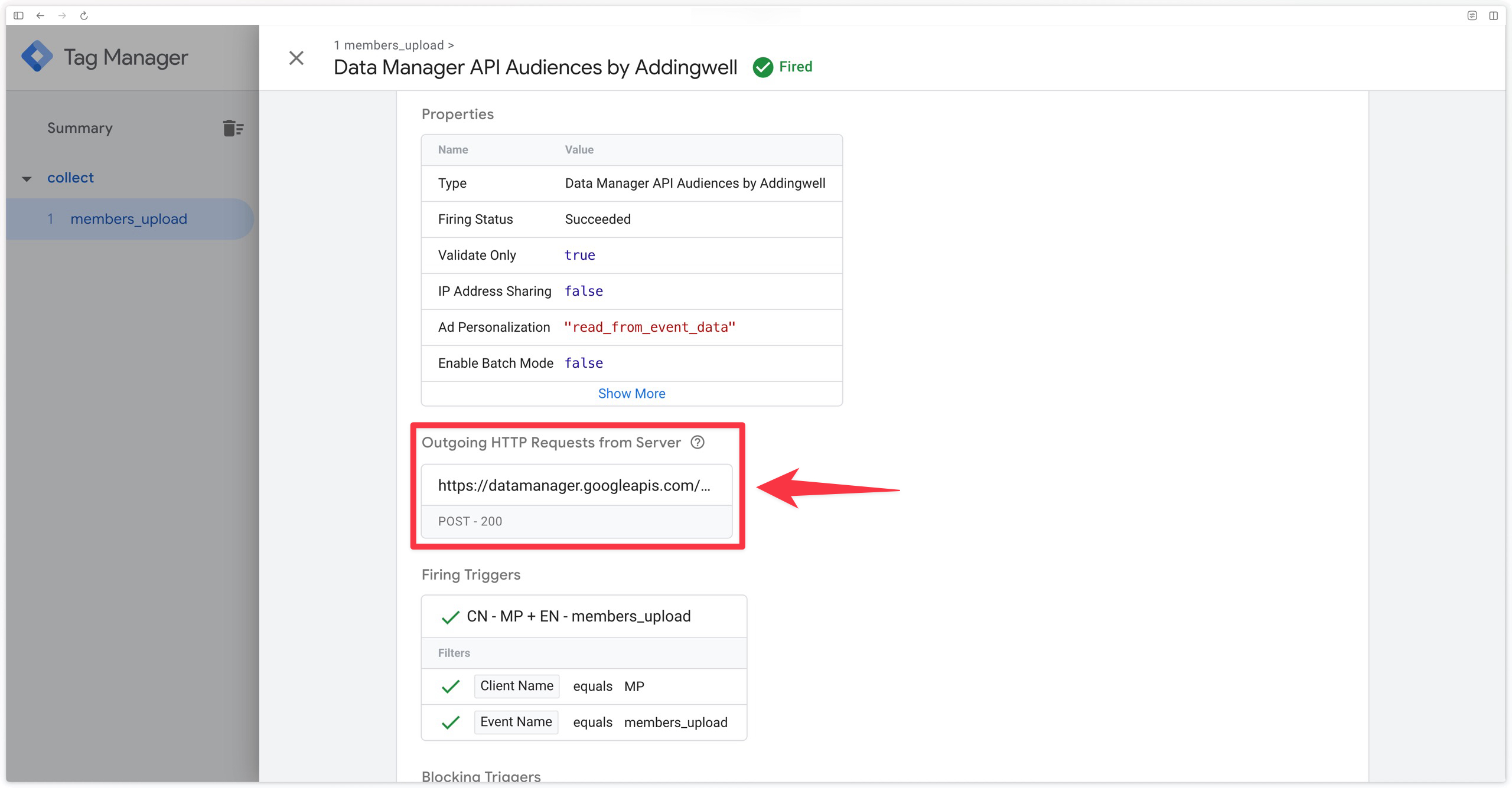 Request sent to Data Manager API in the GTM Server preview