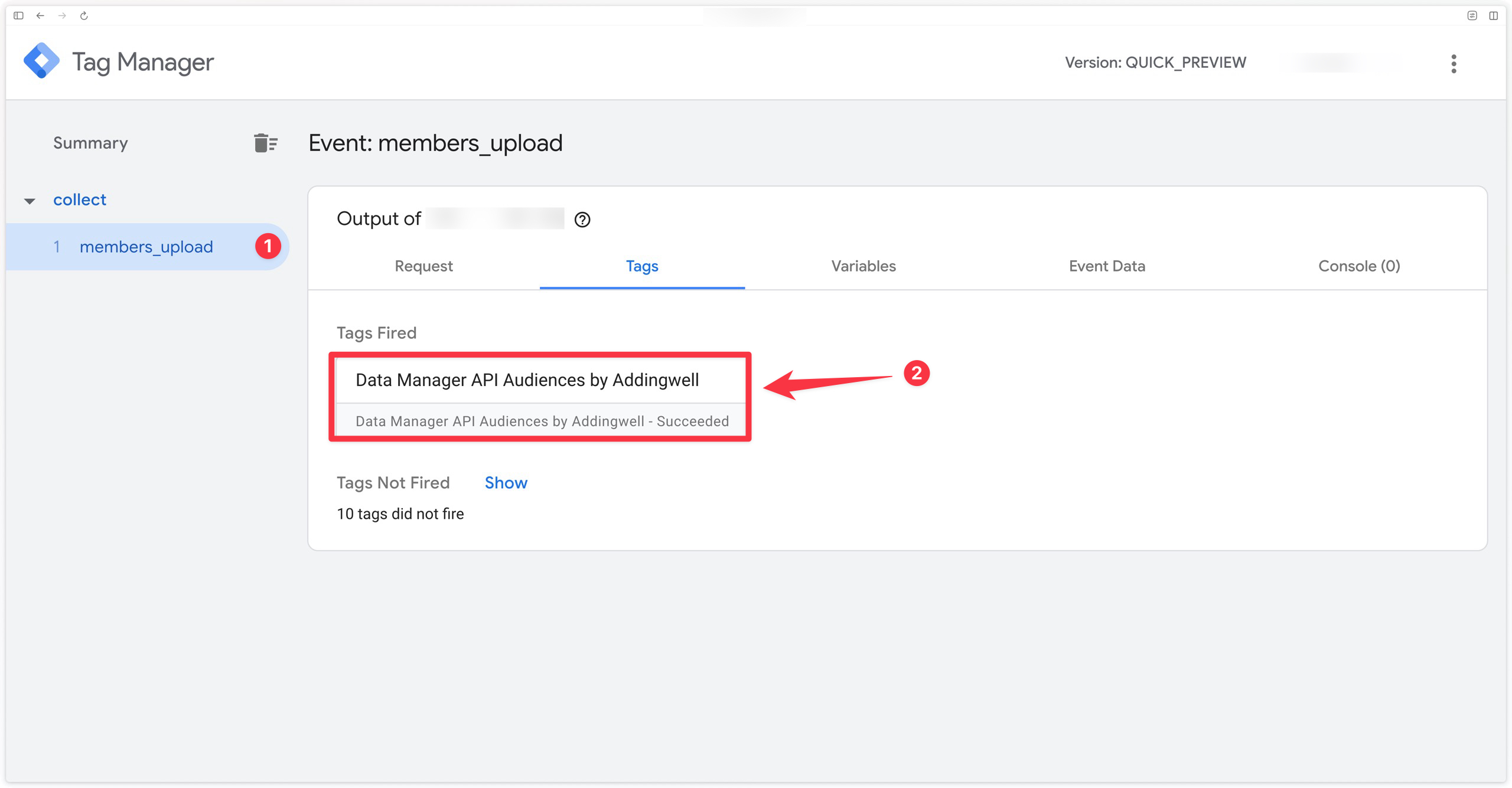 Data Manager API Audiences tag fired successfully on the members_upload event
