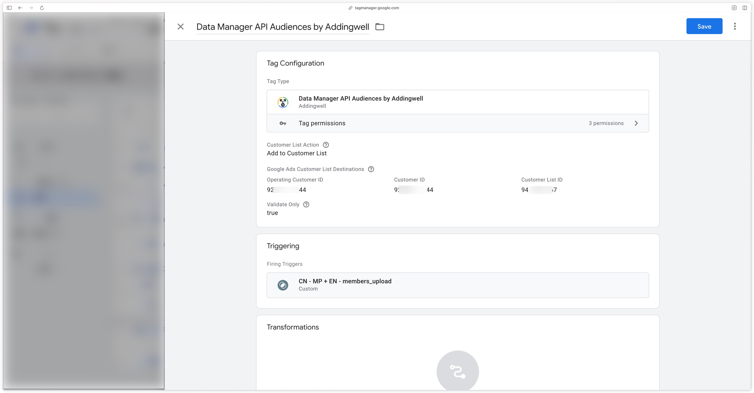 Completed configuration of the Data Manager API Audiences tag