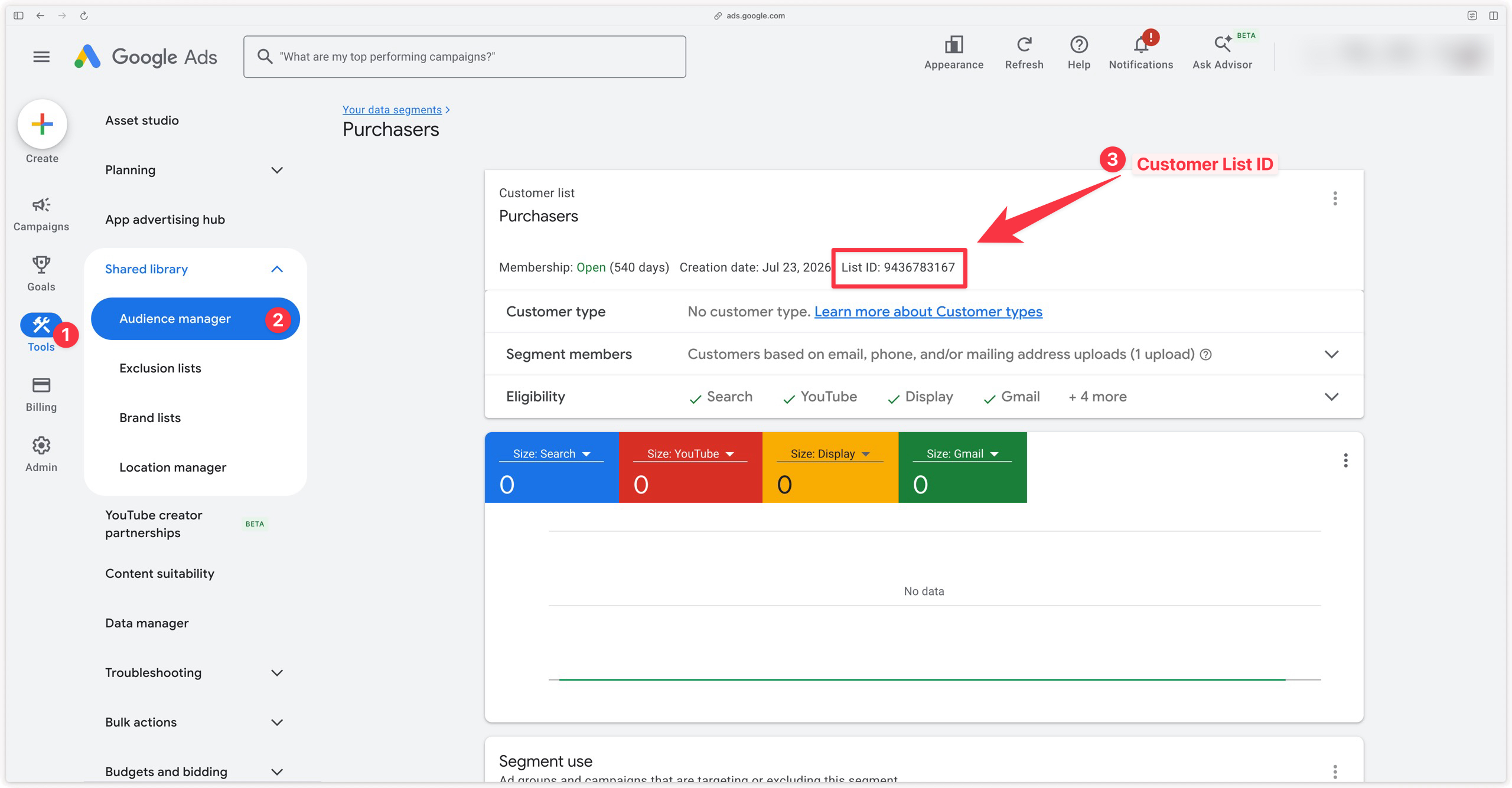 Location of the Customer List ID in Google Ads