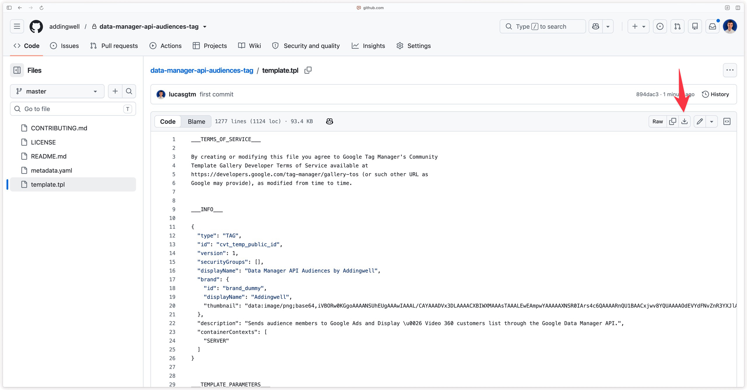 Downloading the Addingwell Data Manager API Audiences tag