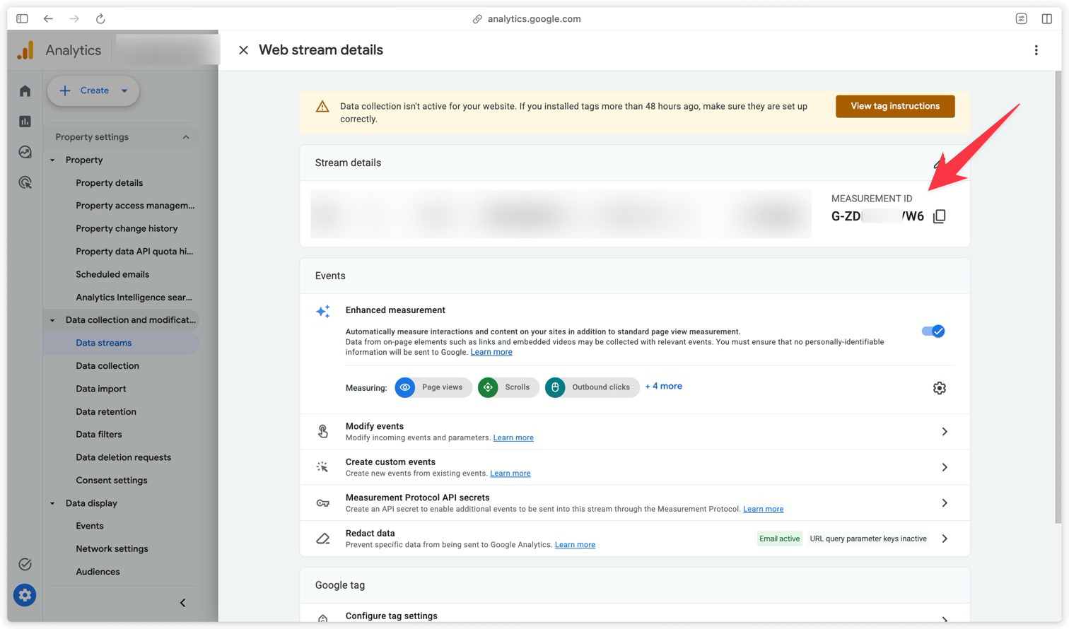Location of the Measurement ID for a Google Analytics 4 data stream