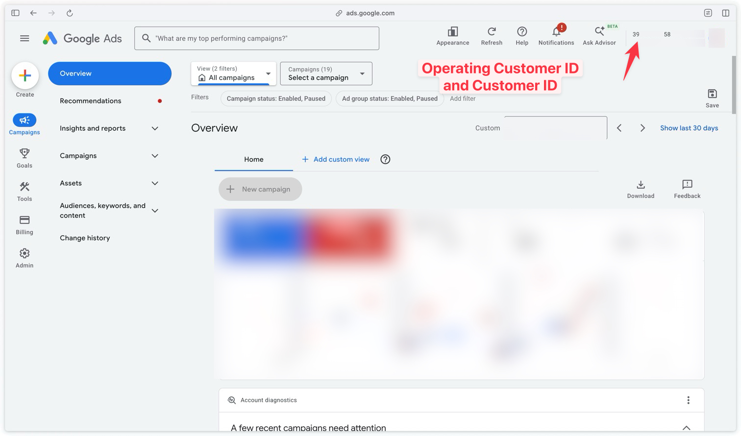Location of the Operating Customer ID / Customer ID in a Google Ads account
