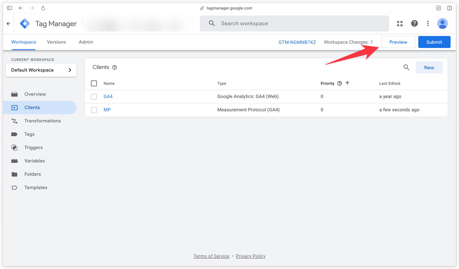 GTM Server preview button