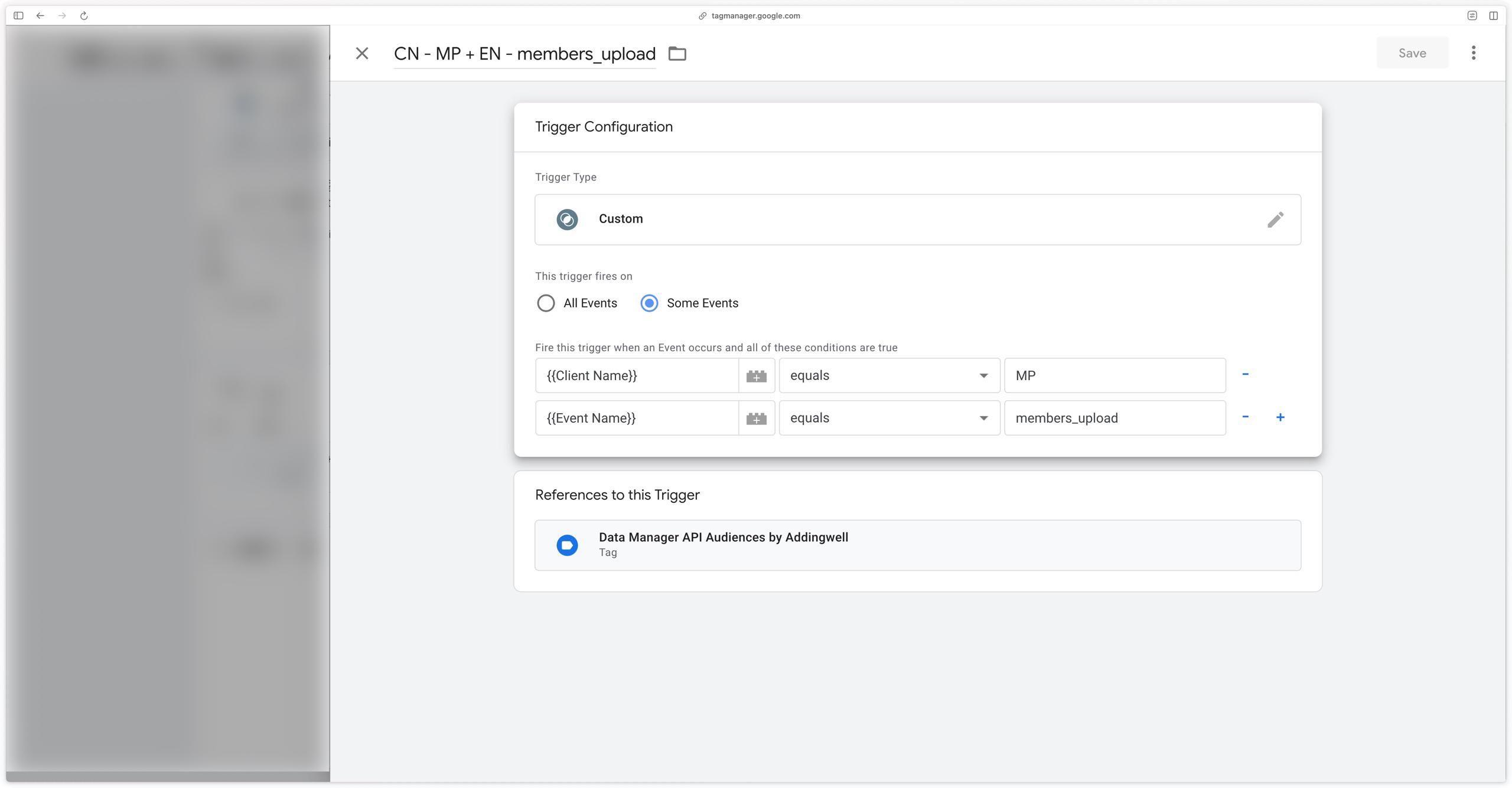 Configuring the trigger on the MP client name and the members_upload event