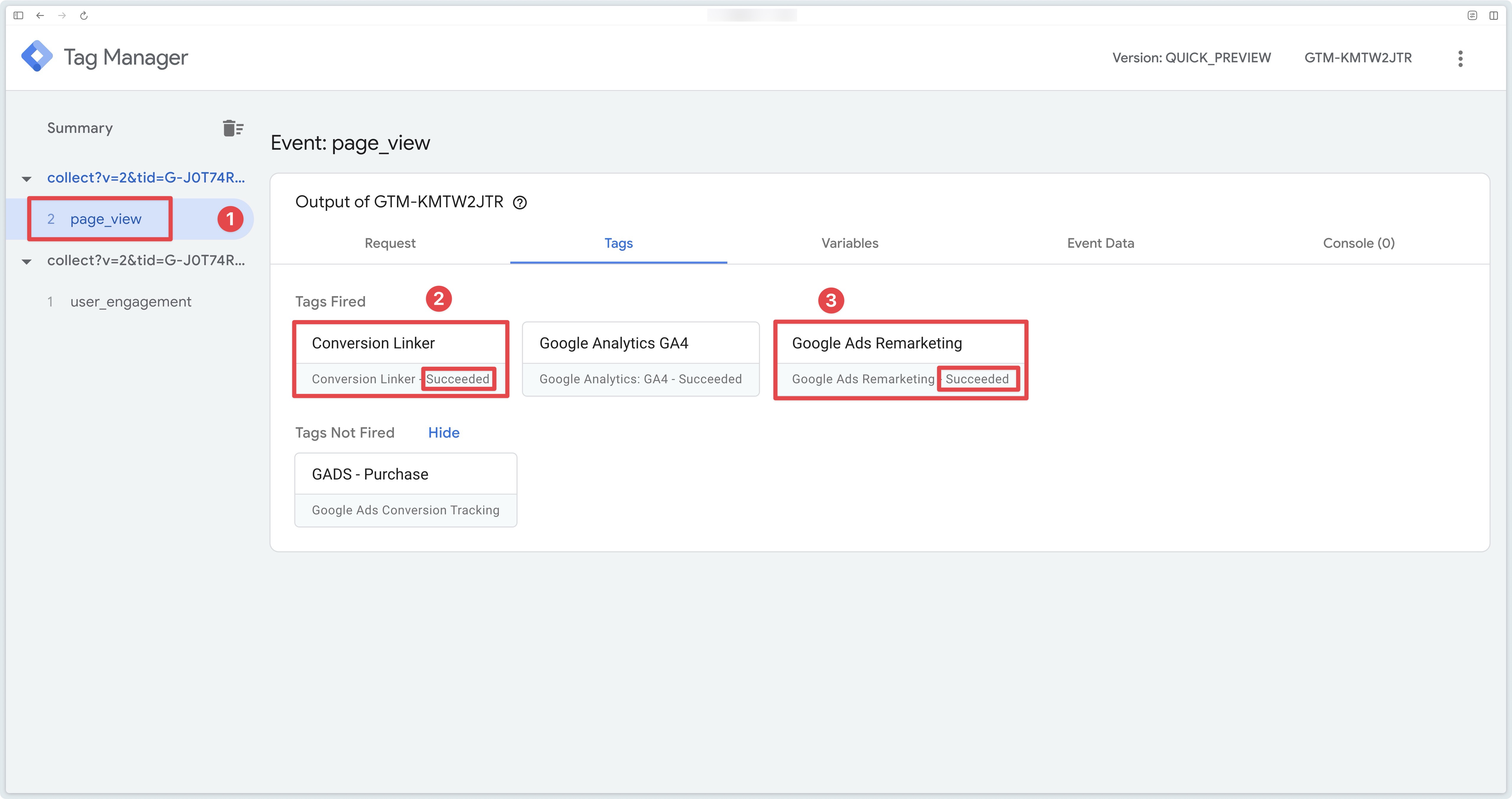 Checking that Conversion Linker and Google Ads Remarketing tags are triggered