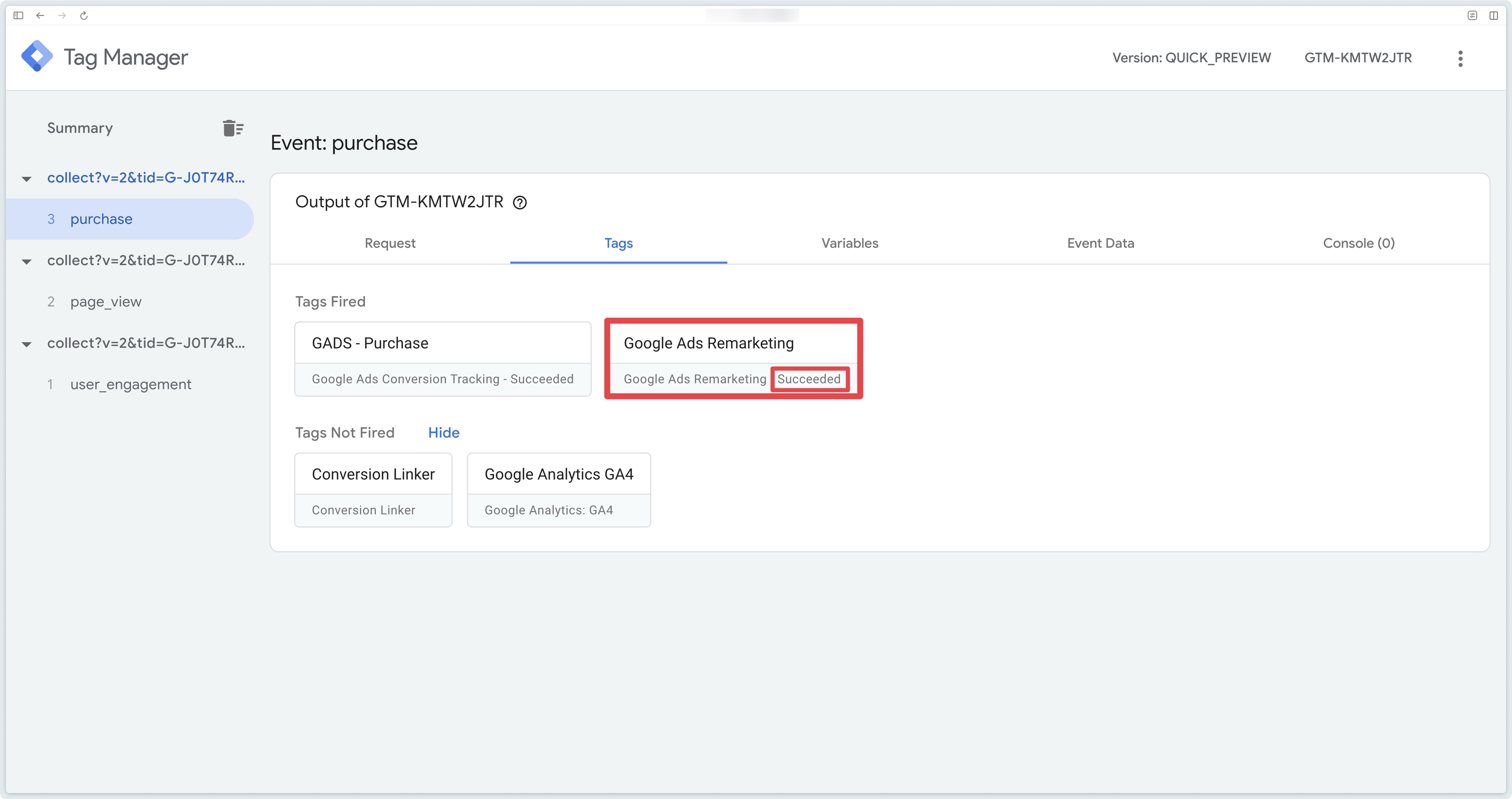 Checking Google Ads Remarketing tag triggering on purchase event