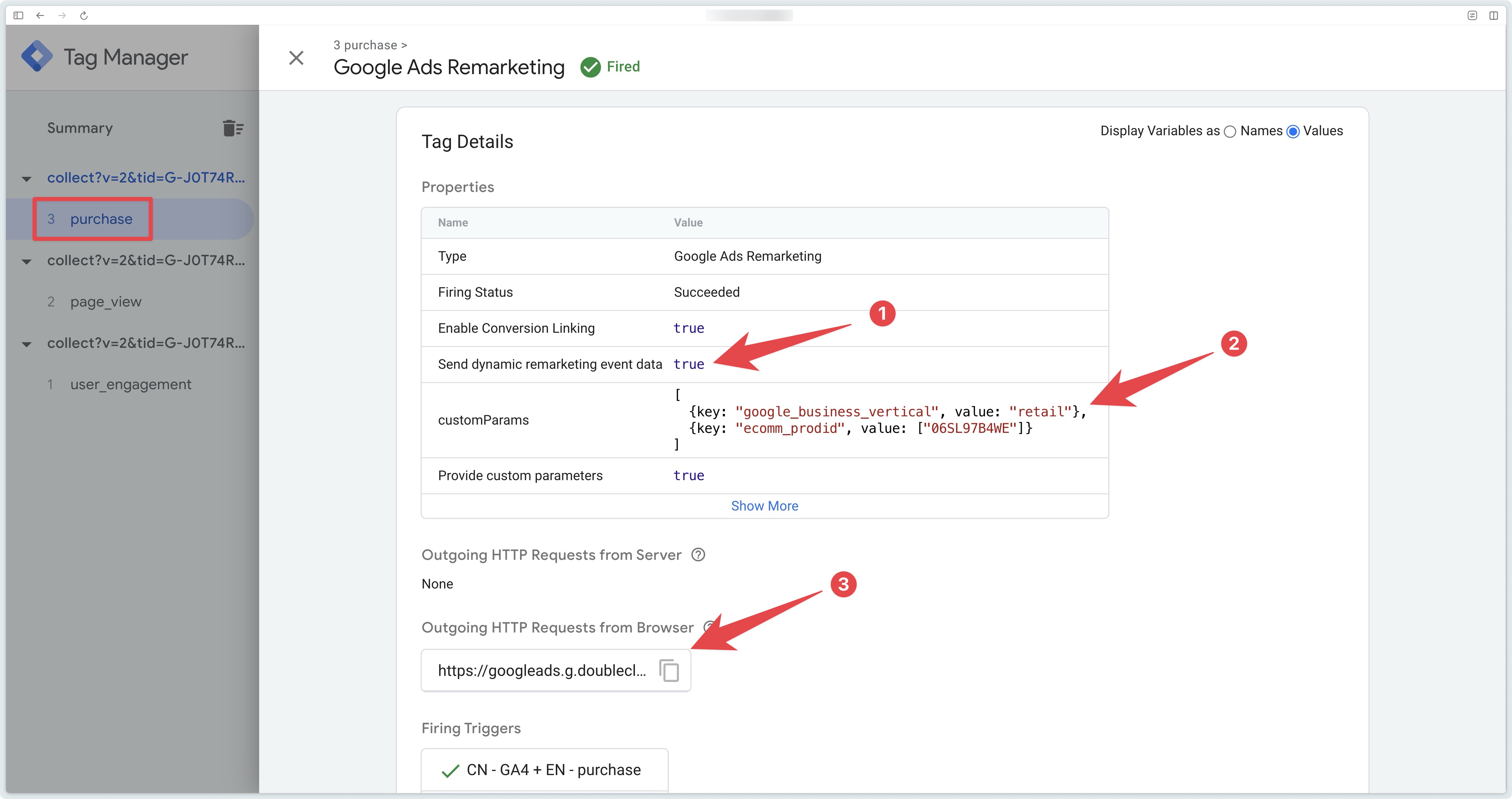 Checking the sending of the browser request for dynamic remarketing