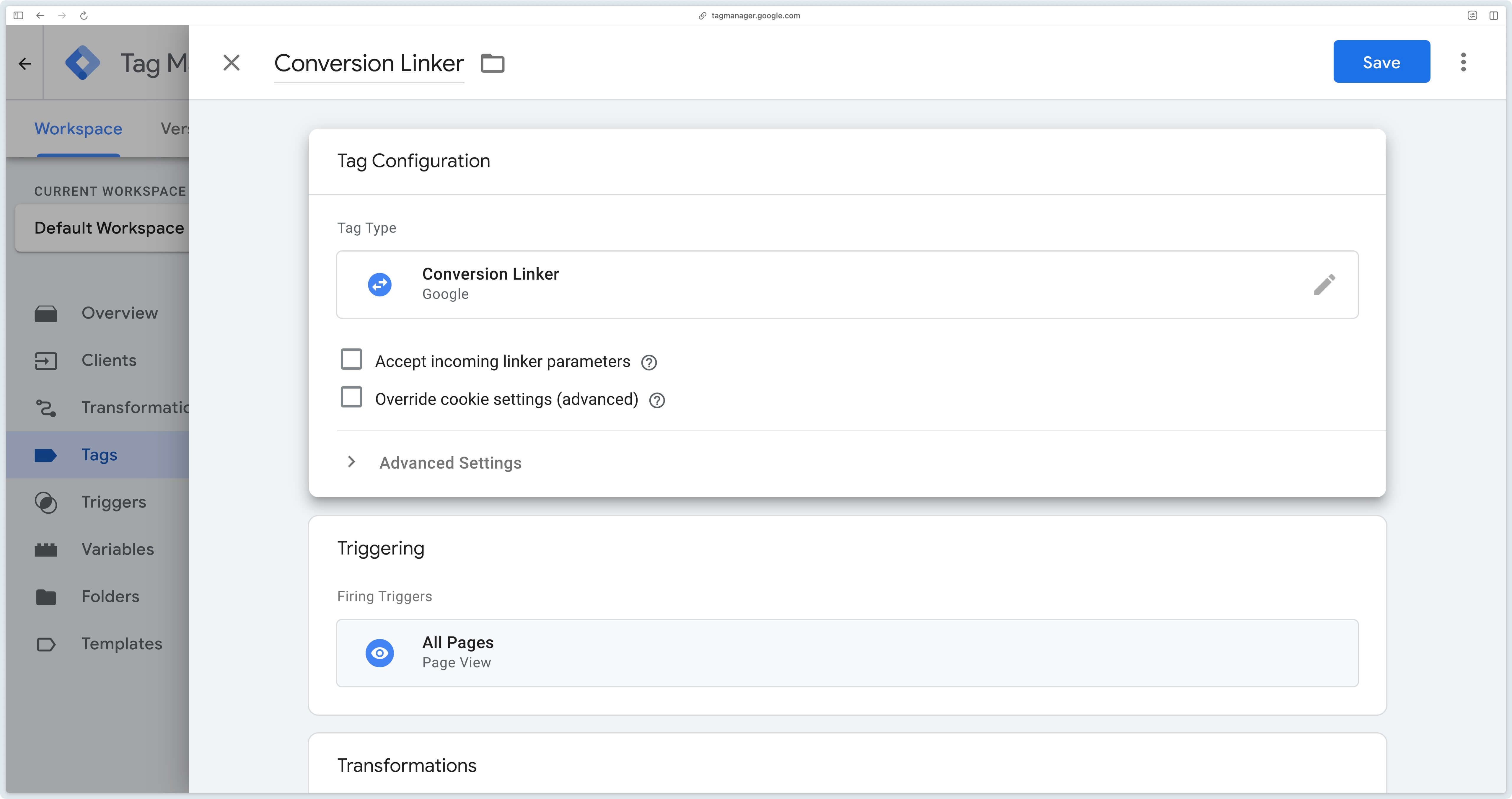 Final configuration of the Conversion Linker tag
