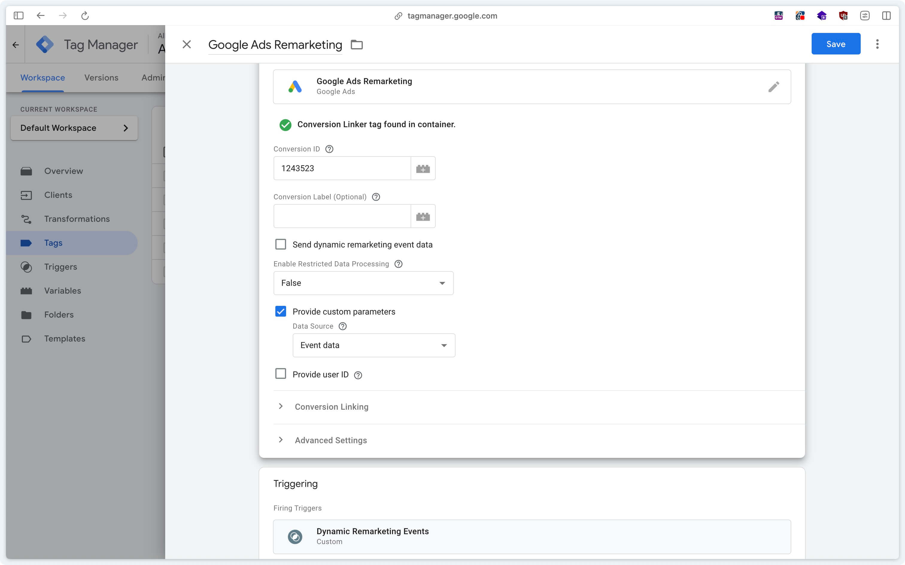 Activation des paramètres personnalisés dans la balise Remarketing Google Ads avec Event Data