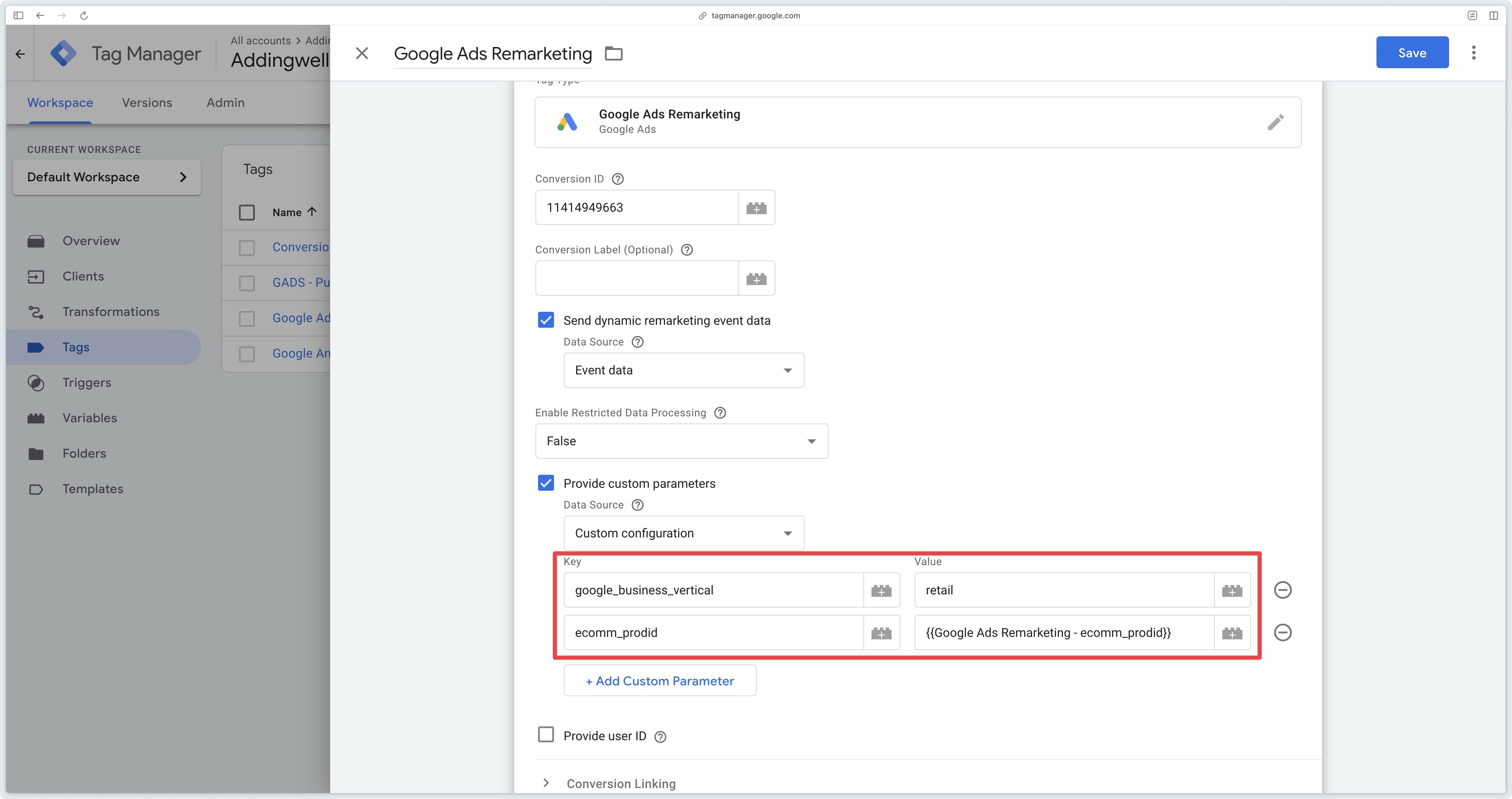 Adding custom parameters ecomm_prodid and google_business_vertical