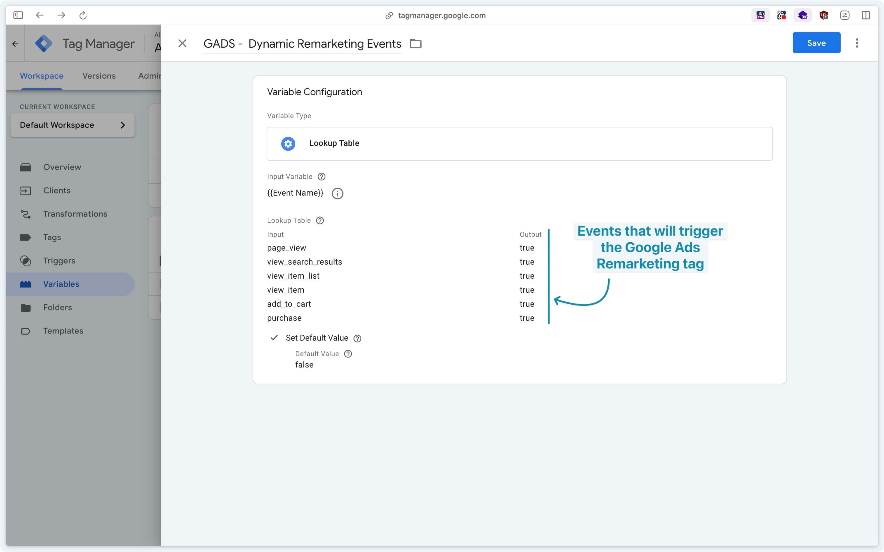 Création d'une variable tableau de conversion pour le remarketing dynamique