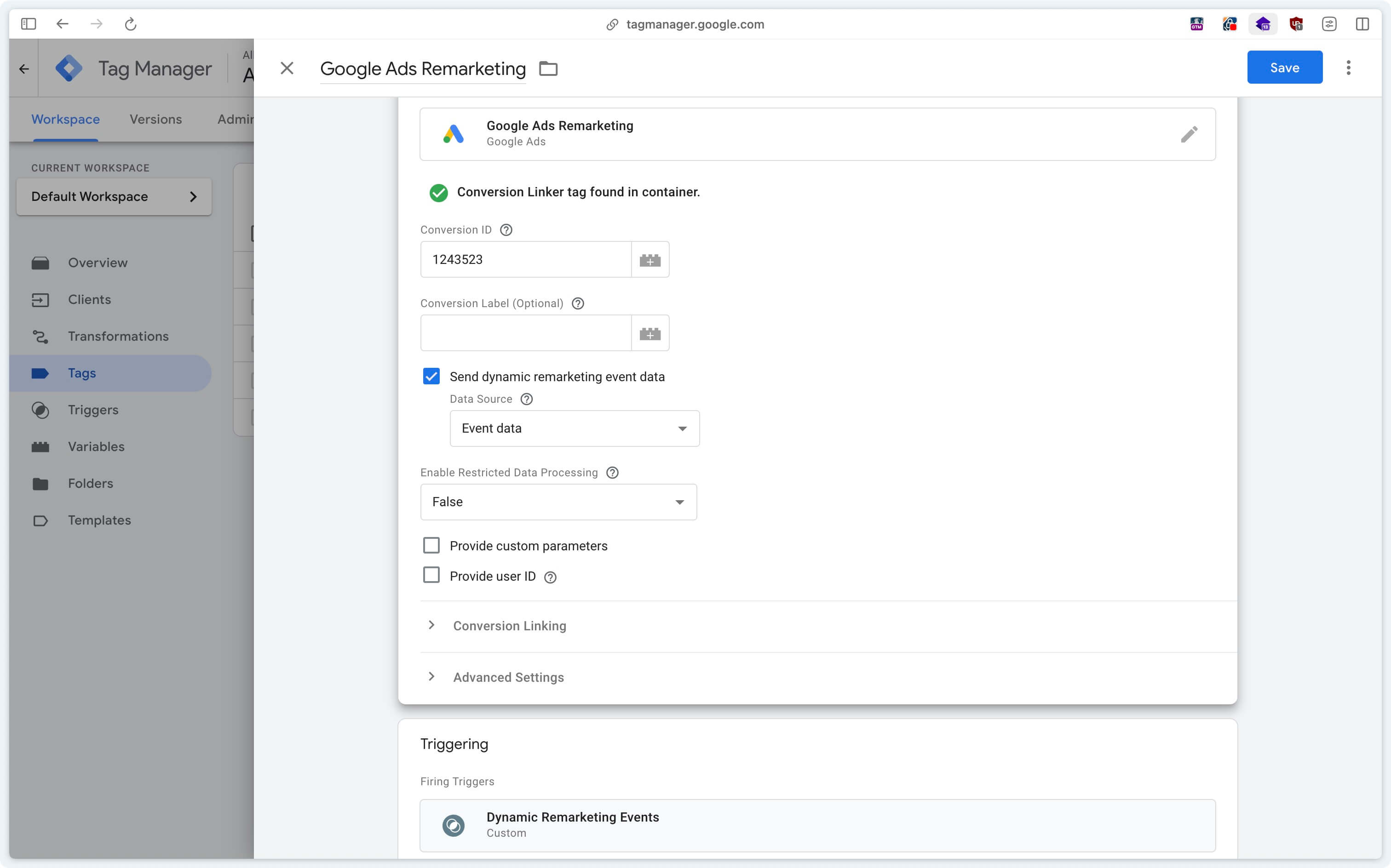 Balise Remarketing Google Ads configurée pour le remarketing dynamique