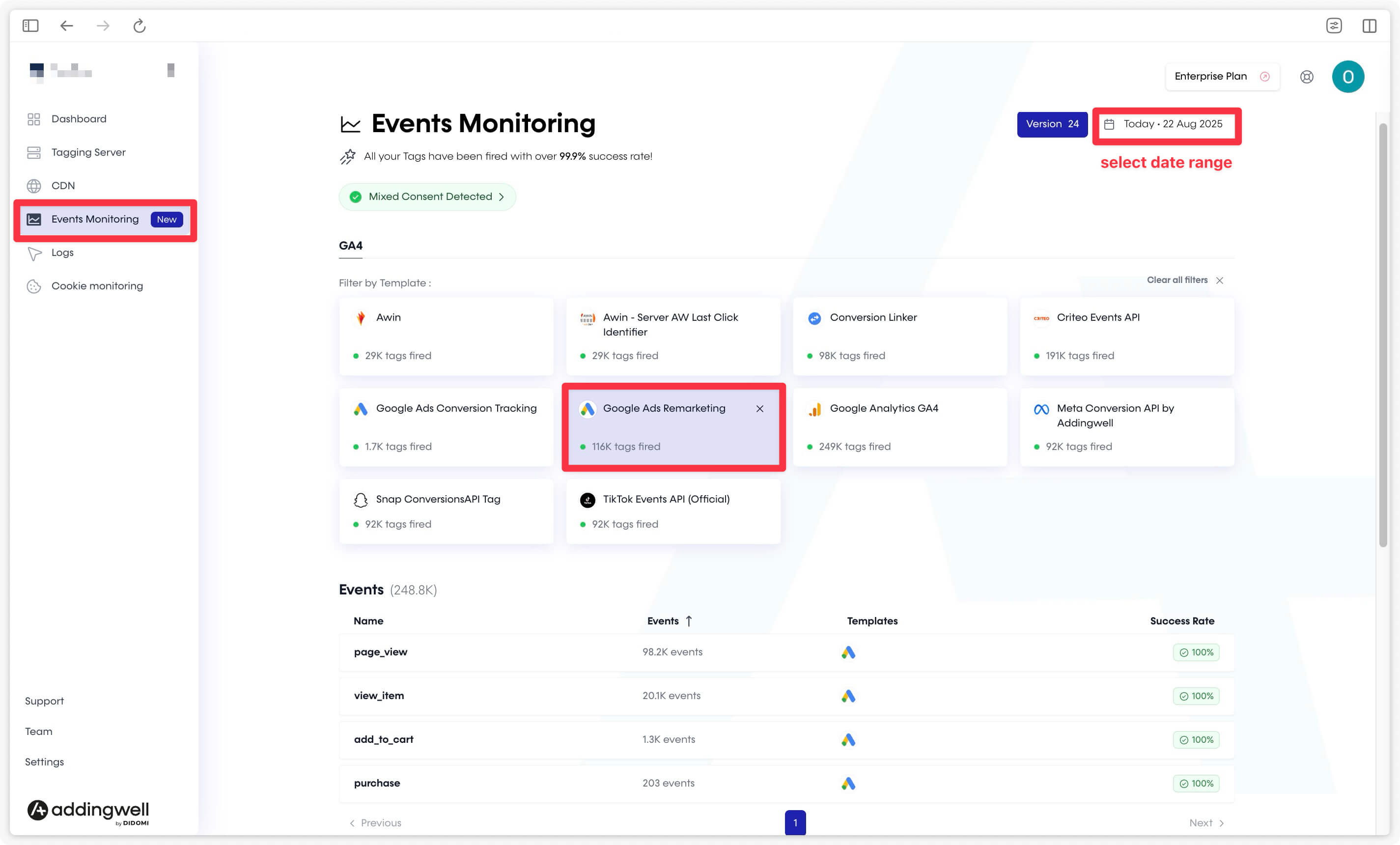 Vue d'ensemble dans Events Monitoring
