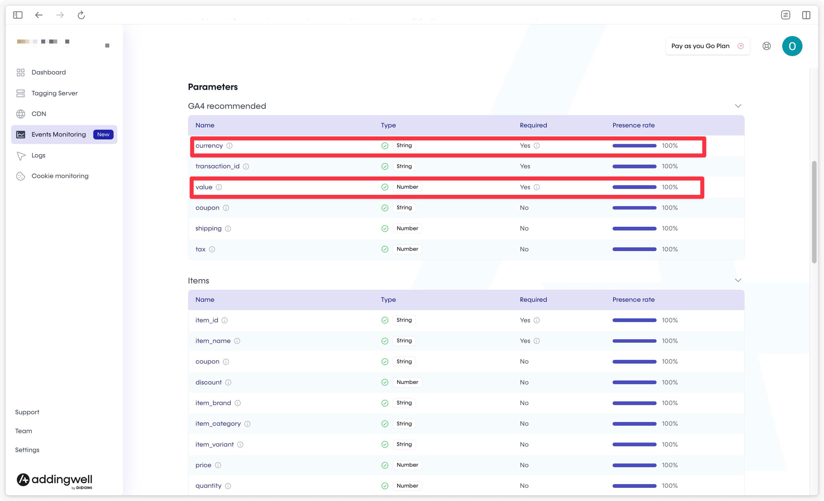 Checking parameters attached to an event in Events Monitoring