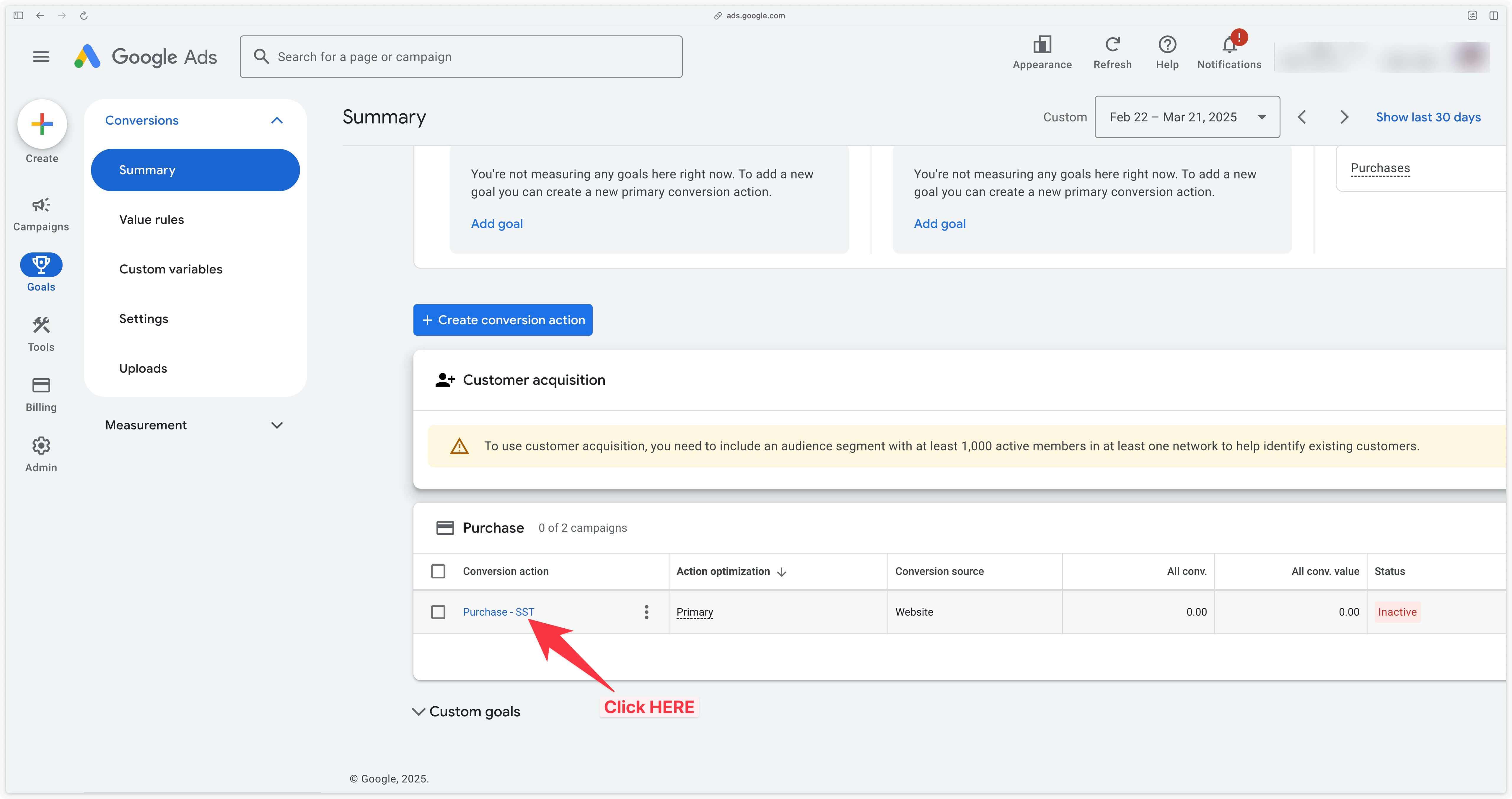 Clic sur l'action de conversion dans Google Ads