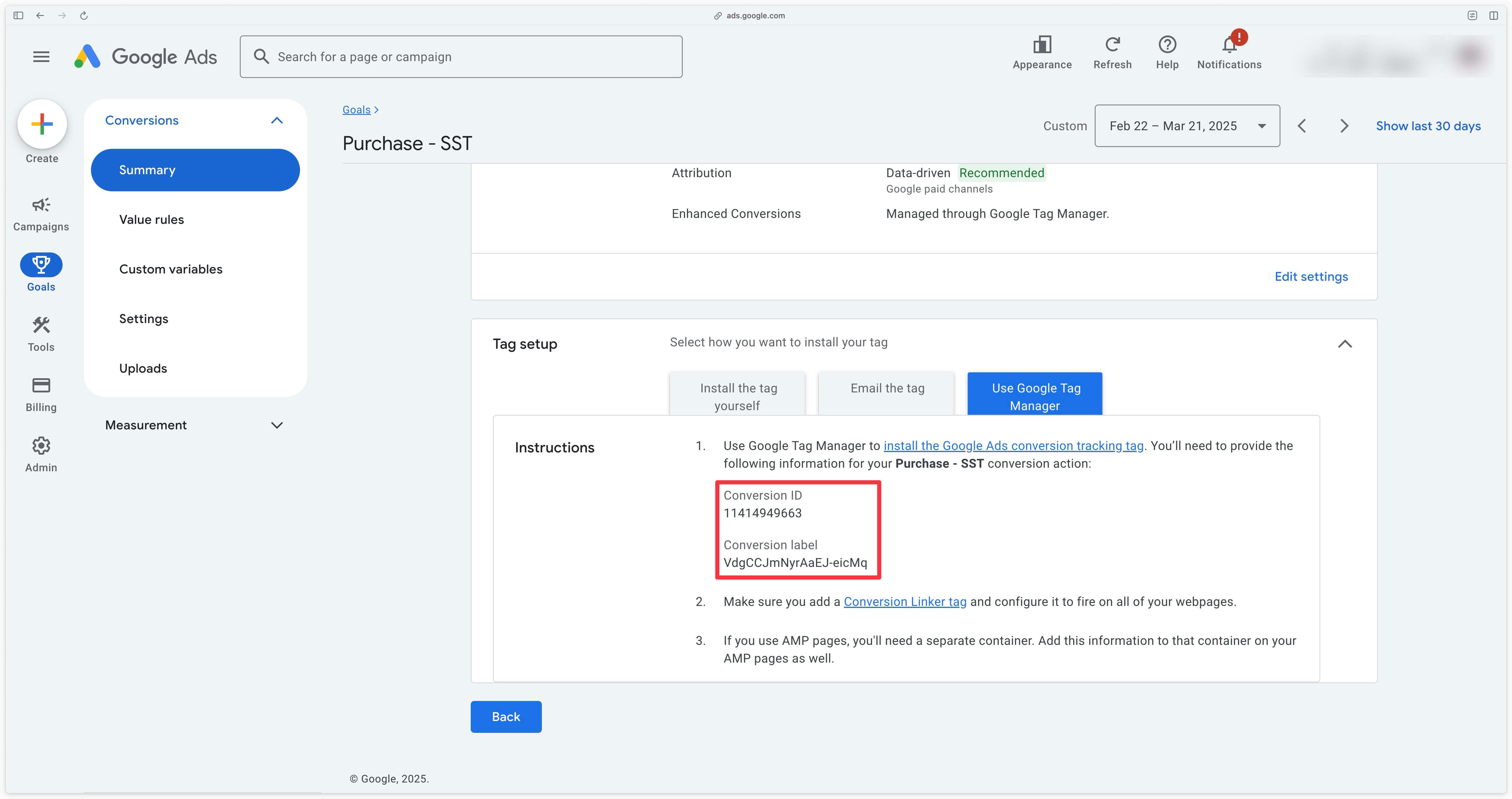 Détails de l'action de conversion dans Google Ads
