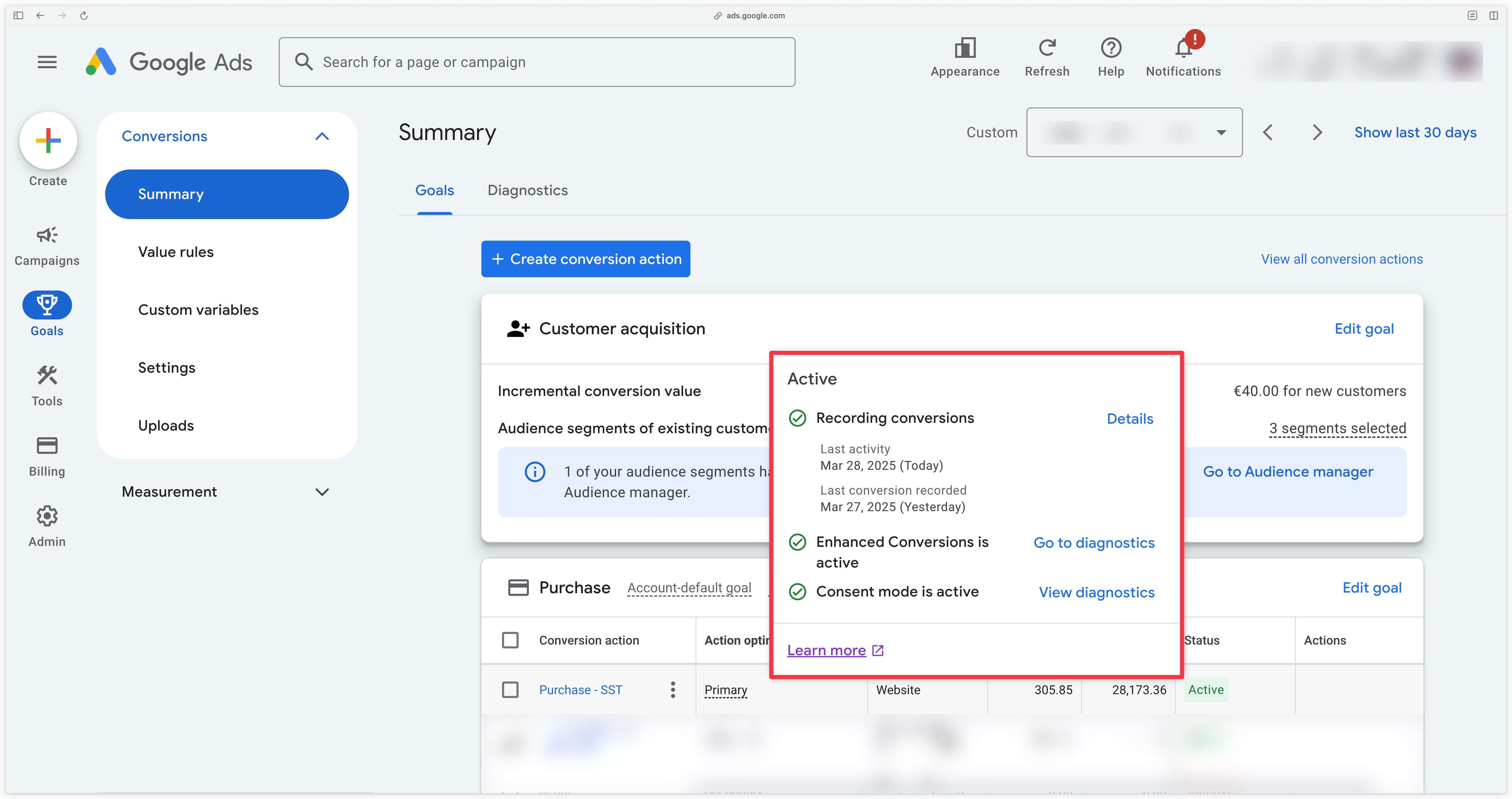 Message Active dans Google Ads