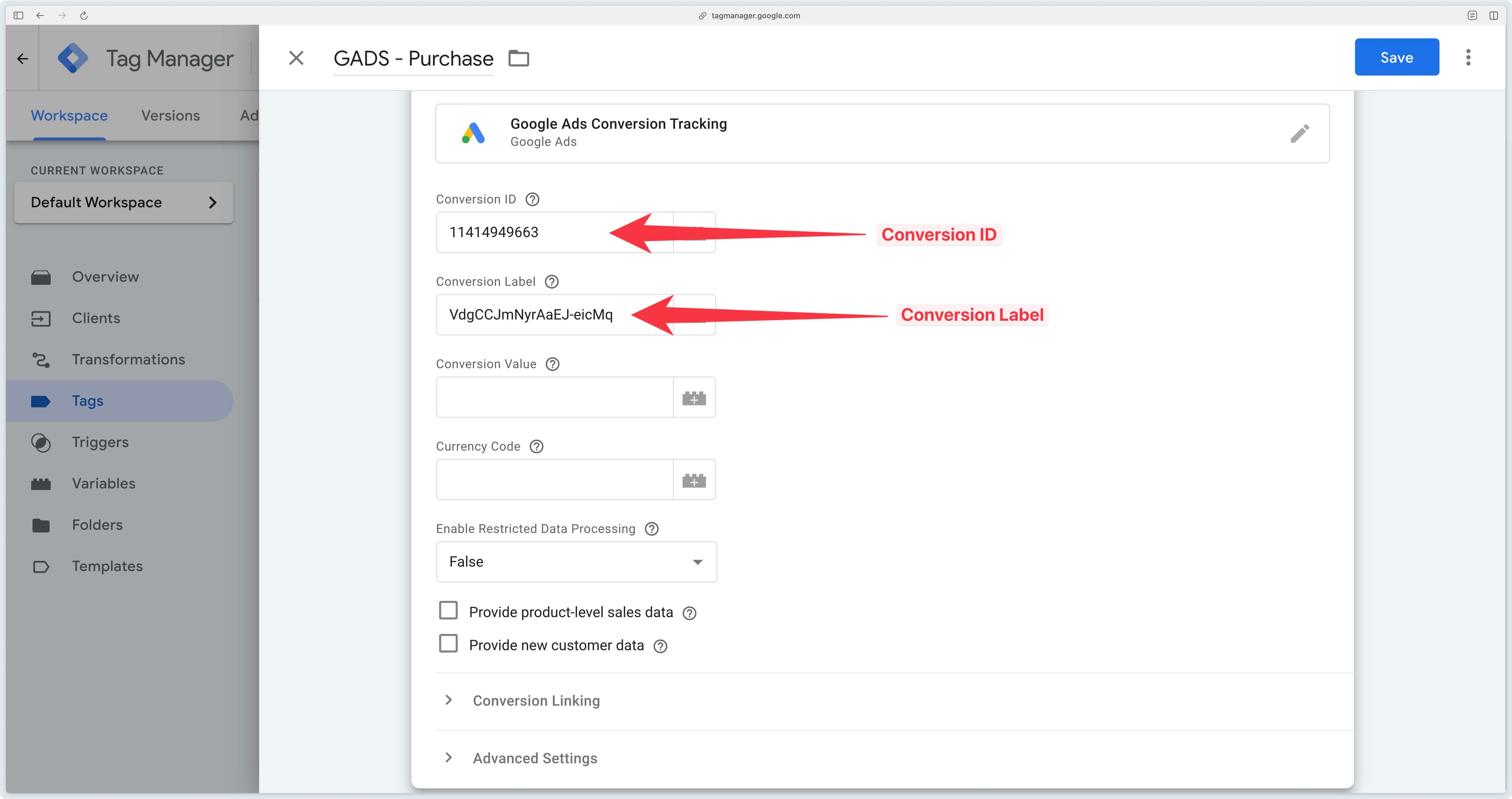 Balise Google Ads Conversion Tracking configurée dans GTM Server-Side