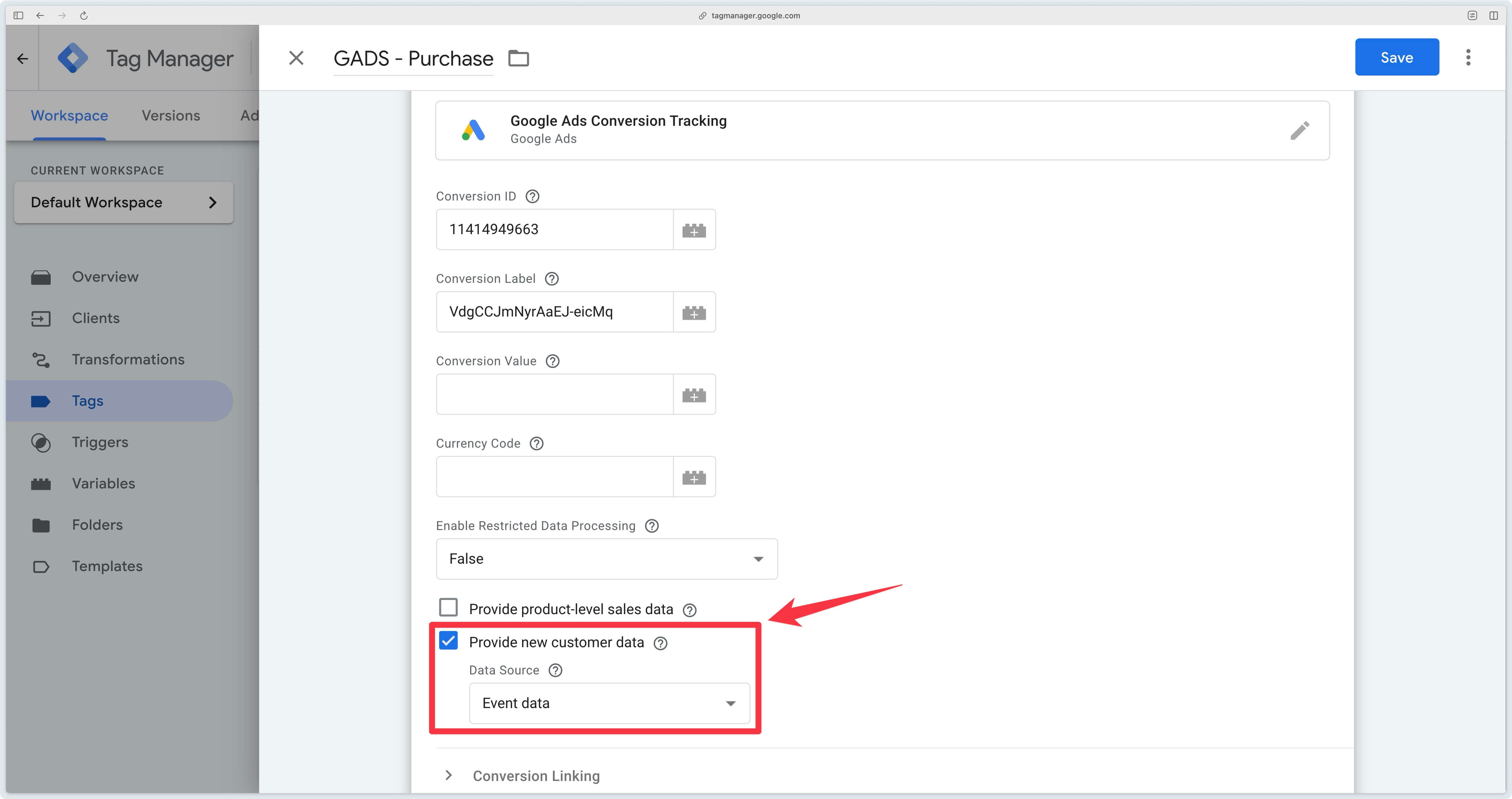 Balise Google Ads Conversion Tracking avec la case Provide new customer data cochée