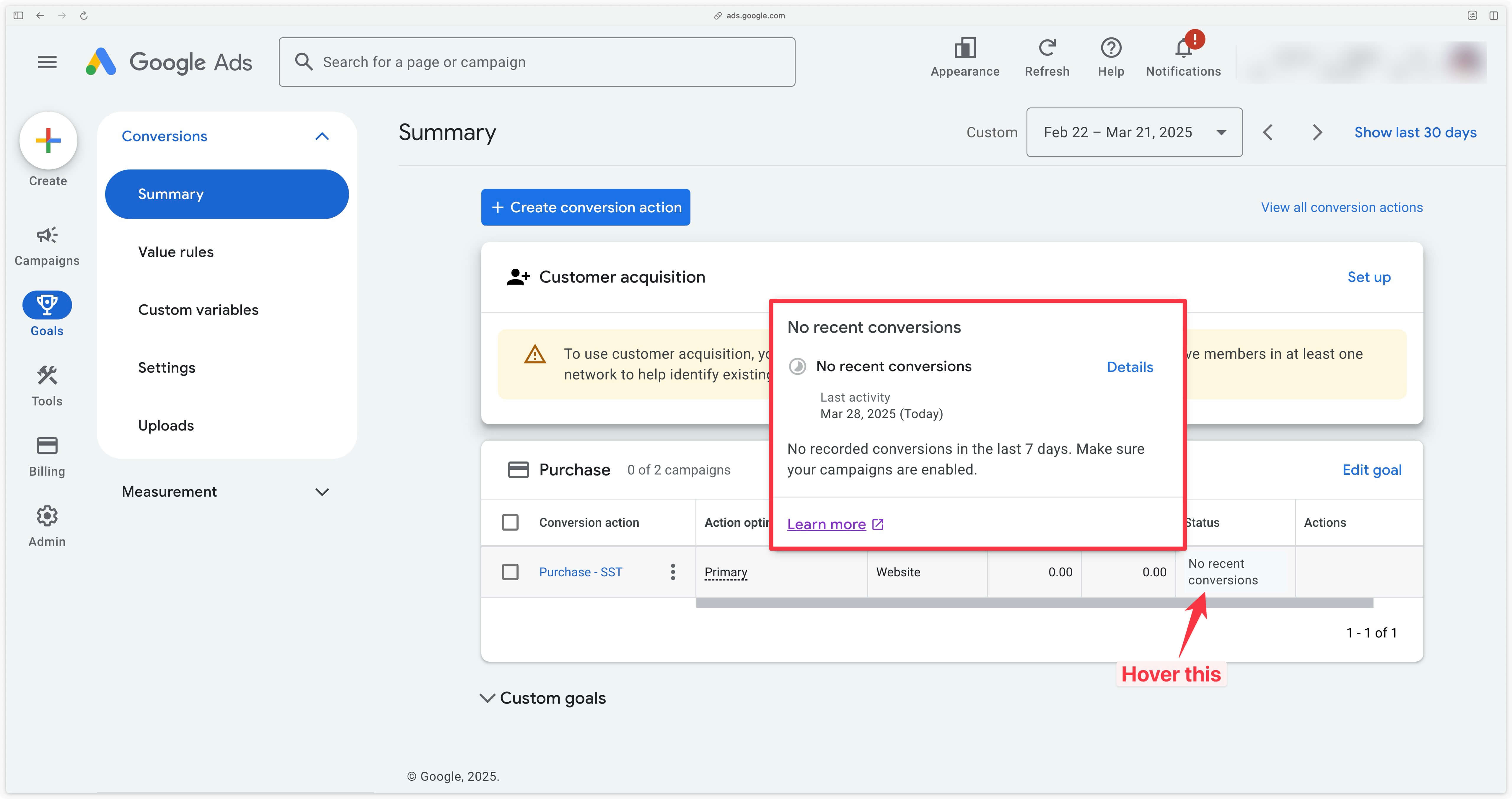Message No recent conversions dans Google Ads