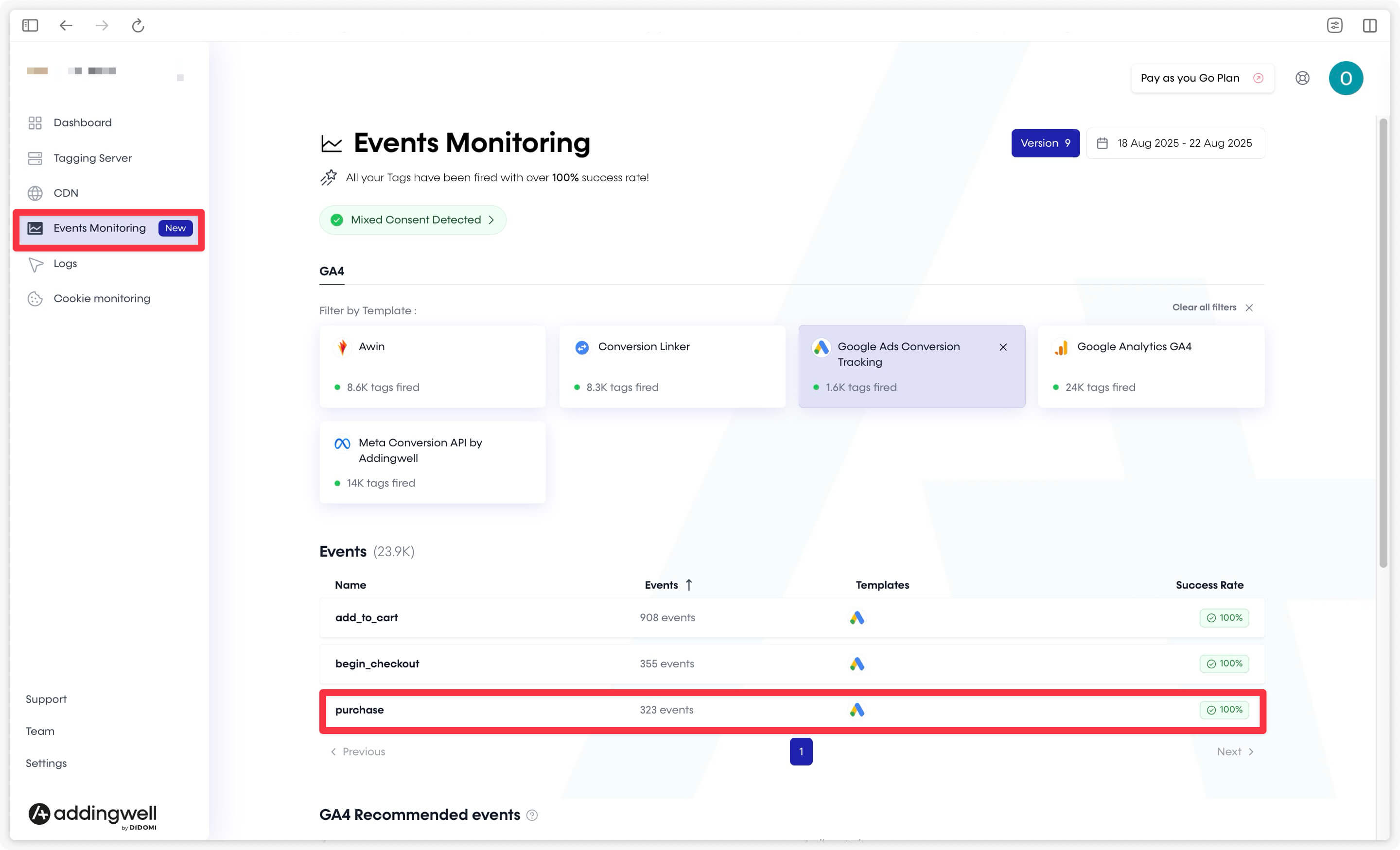 Detailed view of a purchase event in Google Ads Events Monitoring