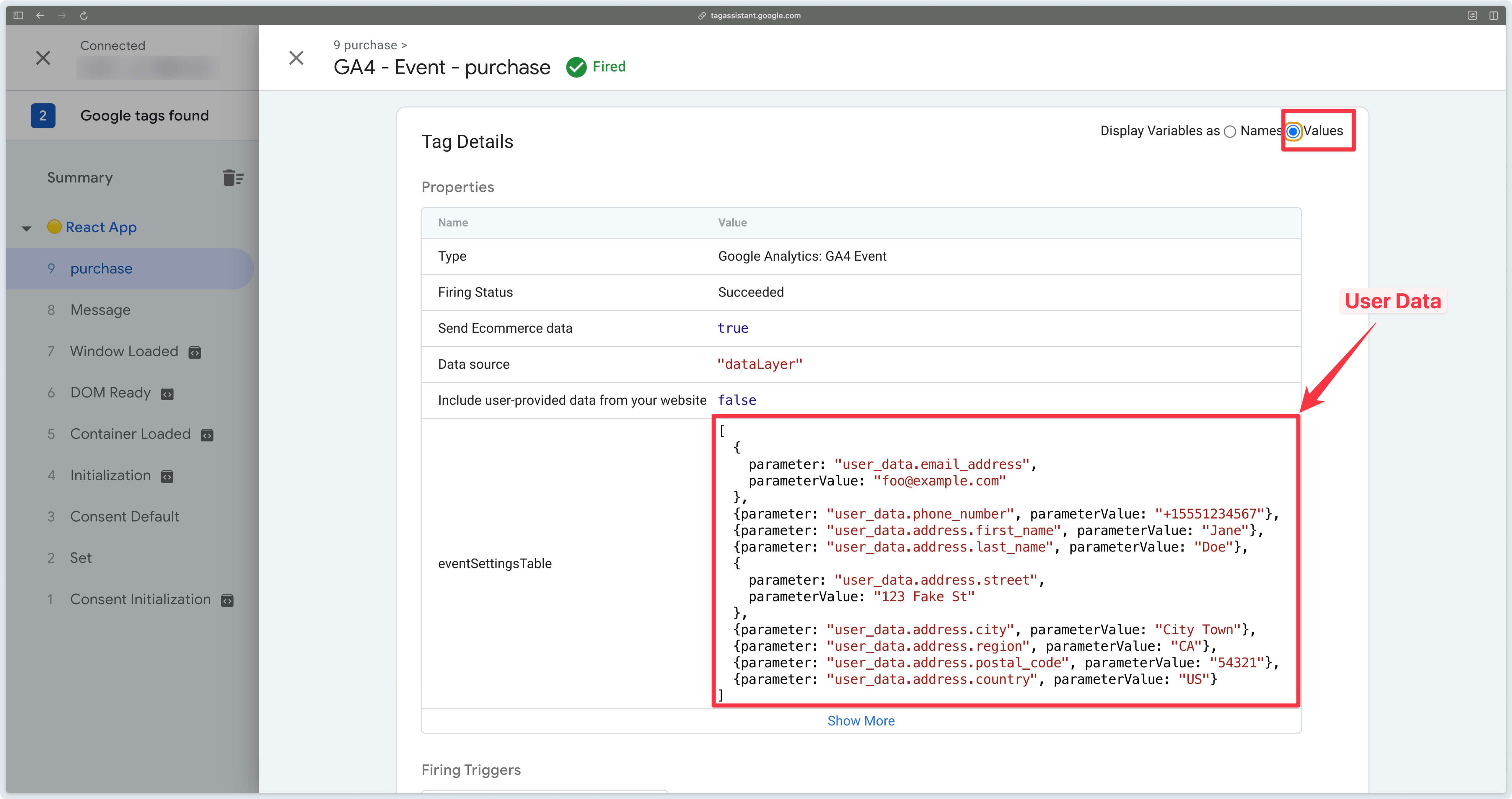 Événement GA4 purchase dans la prévisualisation GTM Web avec les données utilisateur