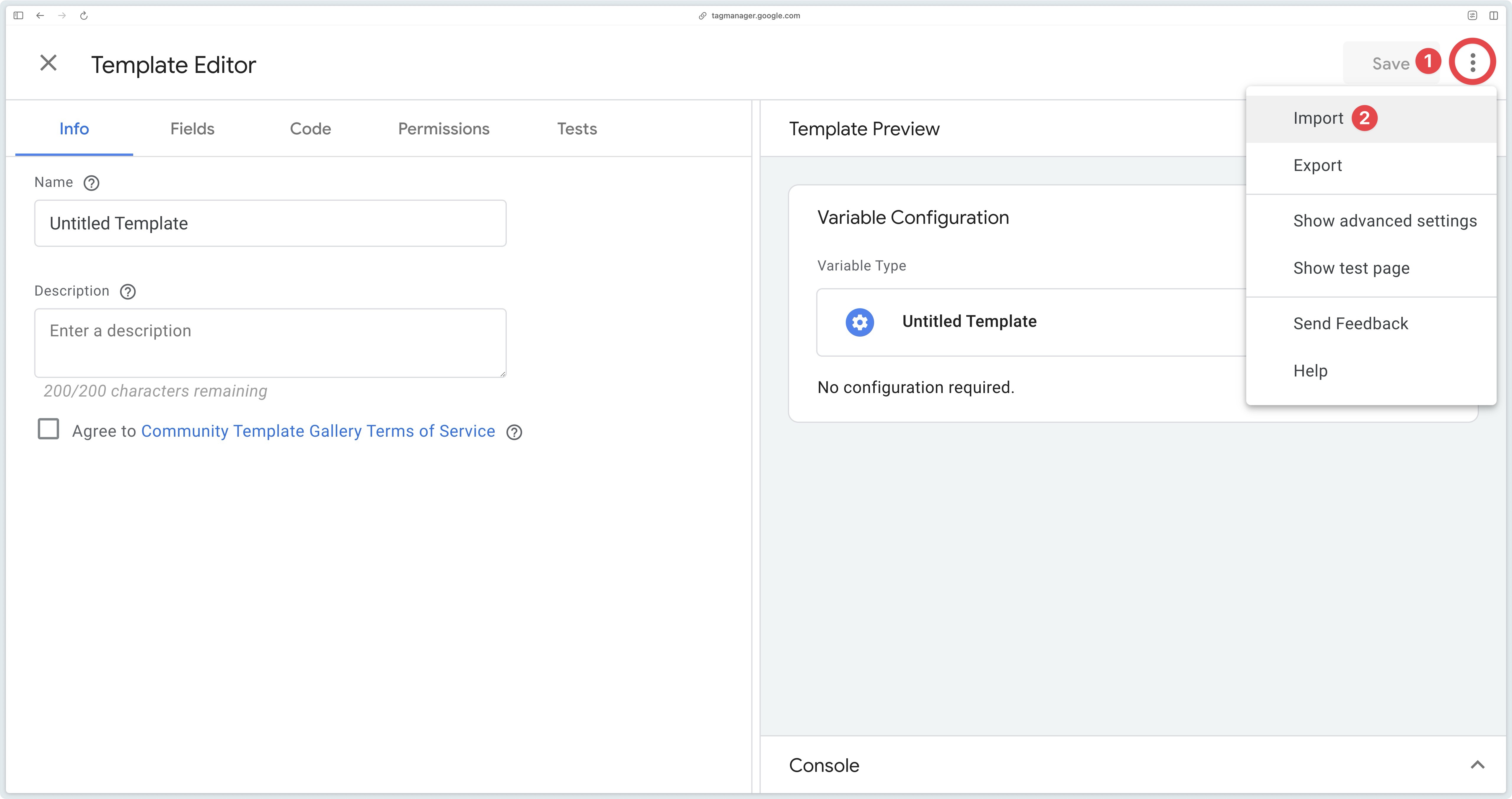 Button to import a variable template into sGTM