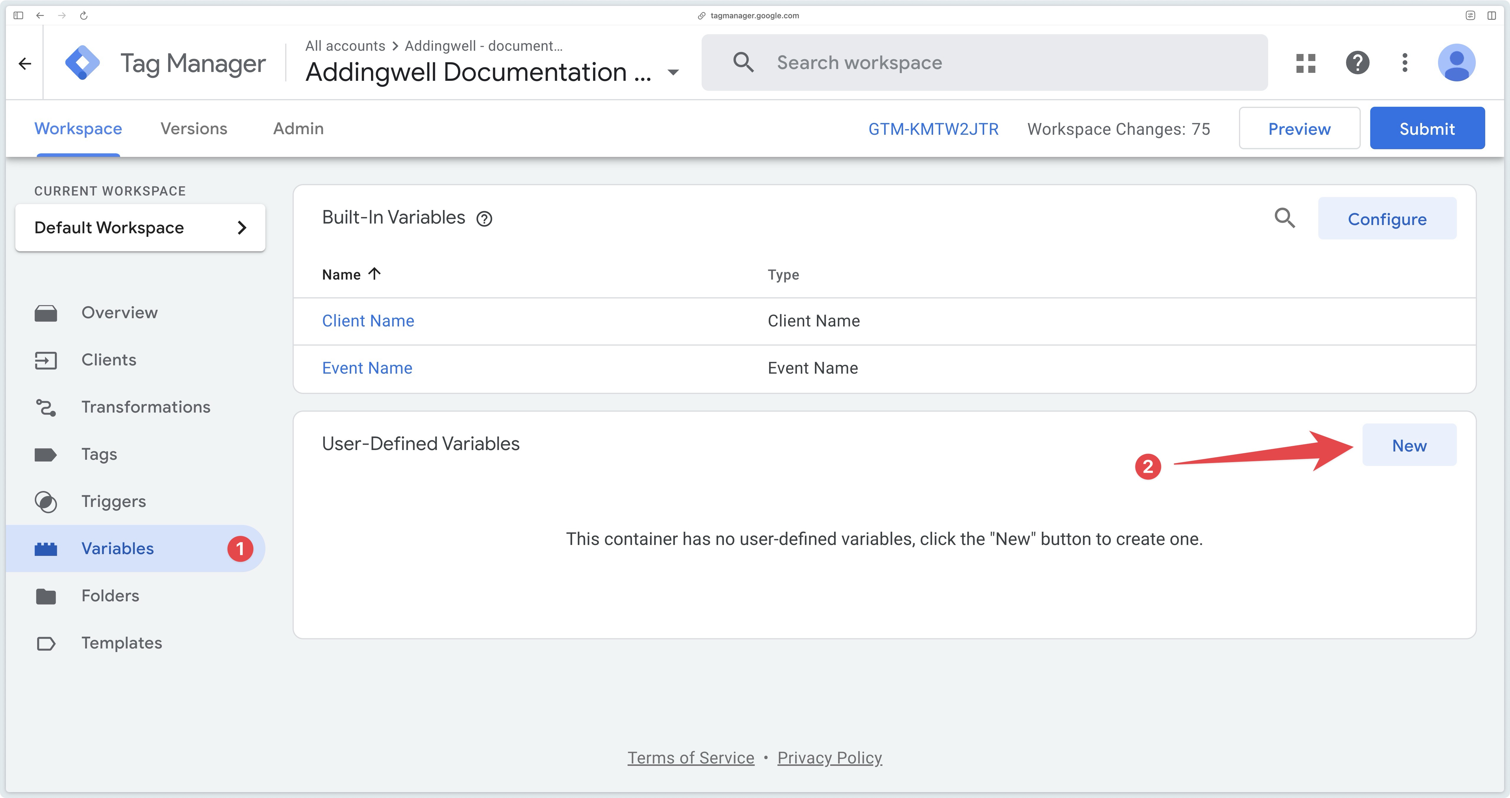 Button to create new variable in sGTM